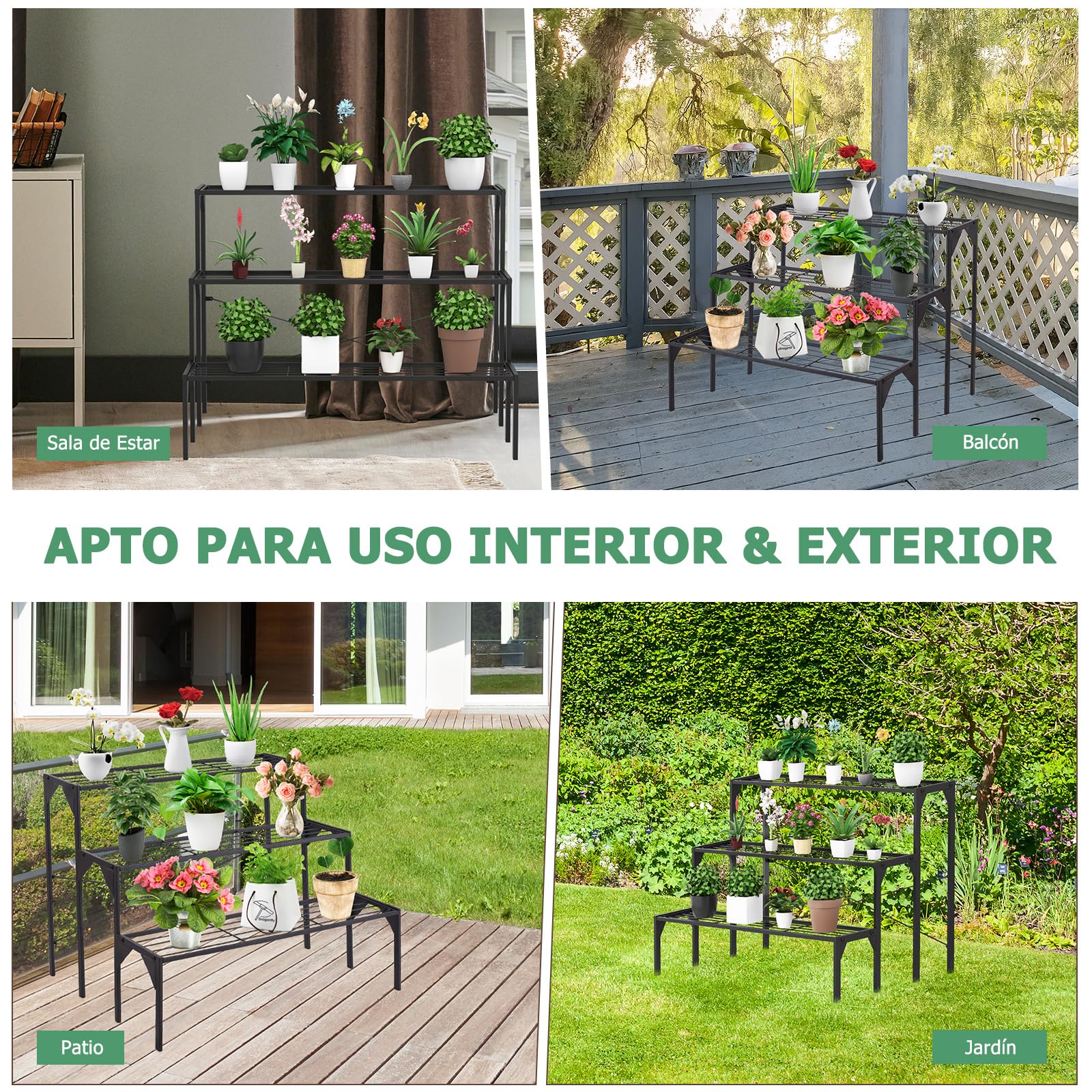 GOPLUS Estantería de Metal para Macetas, Estantería Escalera Decorativa para Plantas con 3 Niveles en Interior y Exterior, Soporte Rectangular de Almacenamiento de Macetas en Patio, Terraza, Negro