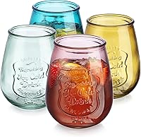 Vista 7 de Glaver's - Juego de 4 vasos de vidrio auténticos Mason Vintage - Vasos transparentes para cócteles, agua, jugo - Vasos vintage con relieve