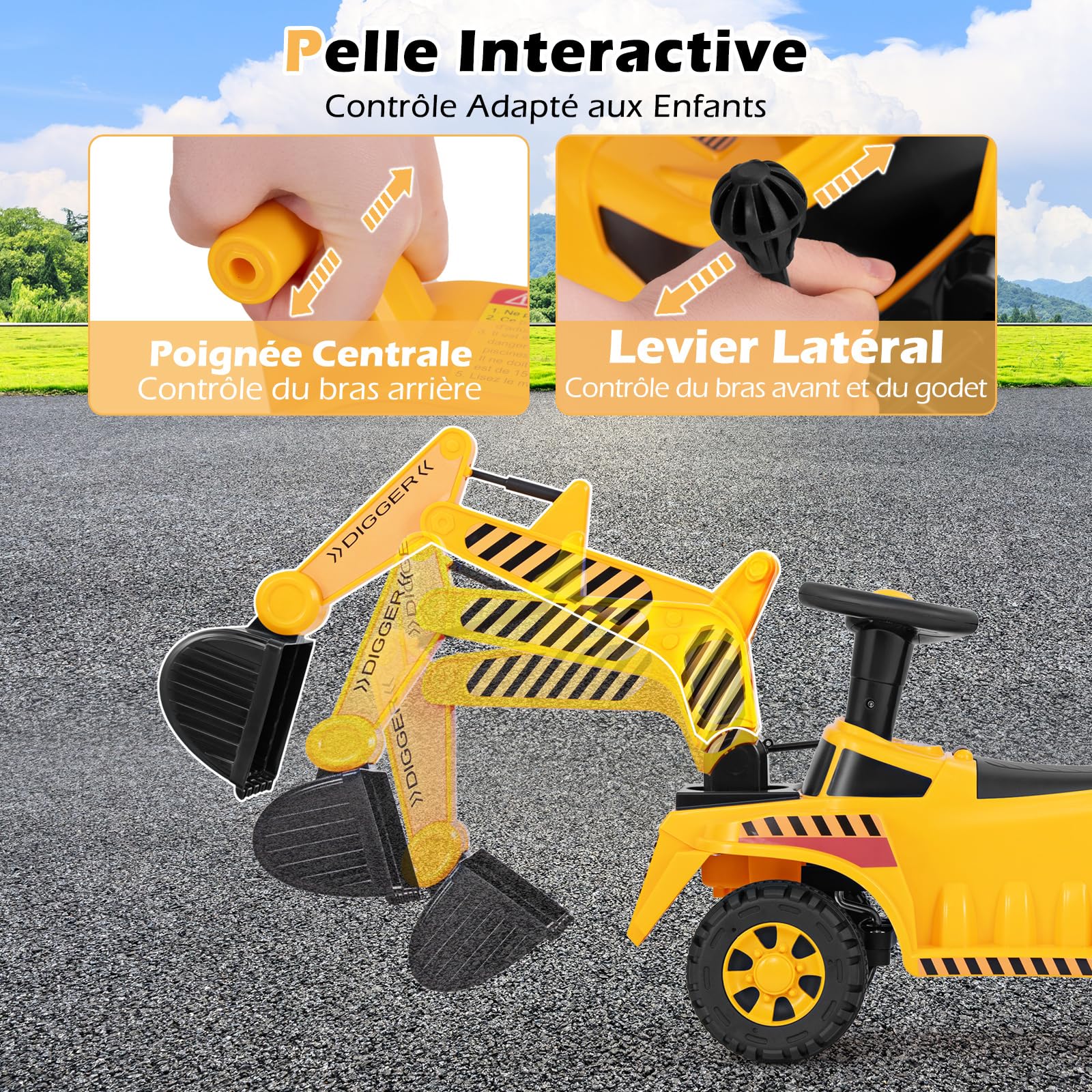 COSTWAY Tractopelle Enfant avec Pelle Réglable & Son du Moteur, Pelleteuse Enfant avec Bloc Anti-basculement, Espace Caché, Charge 15KG, Excavateur pour Enfant de 19-36 Mois