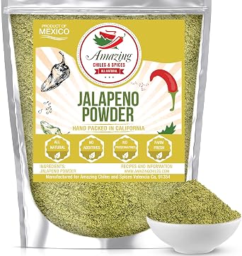 Jalapeno Powder Seasoning 4oz Natural and Premium. Great For Chili, Salsa, Spice Blends, Stews, Tacos, Corn Bread. Medium to High Heat - fruity, spicy hot flavor. By Amazing Chiles & Spices.