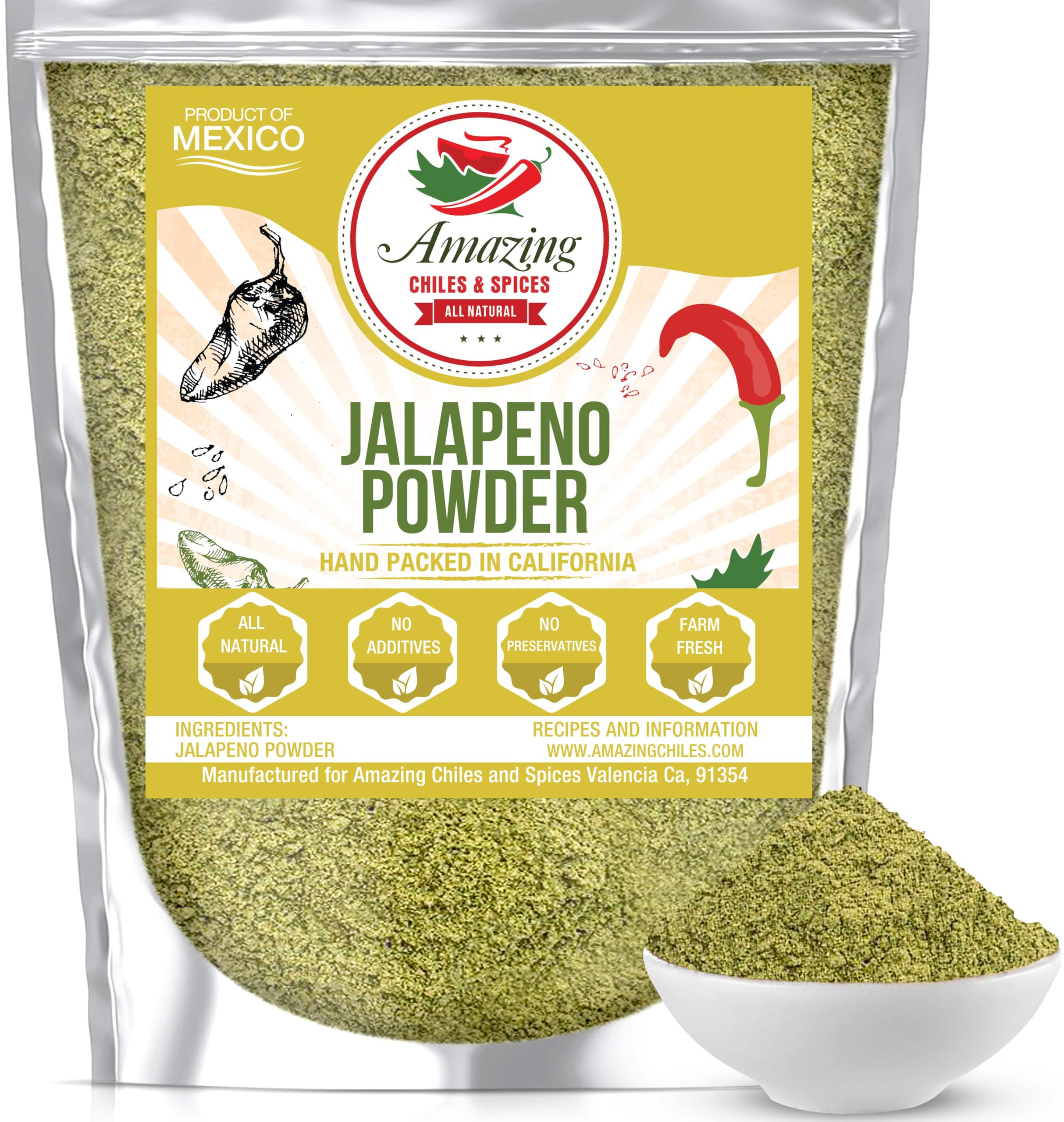 Jalapeno Powder Seasoning 4oz – Natural and Premium. Great For Chili, Salsa, Spice Blends, Stews, Tacos, Corn Bread. Medium to High Heat - fruity, spicy hot flavor. By Amazing Chiles & Spices.