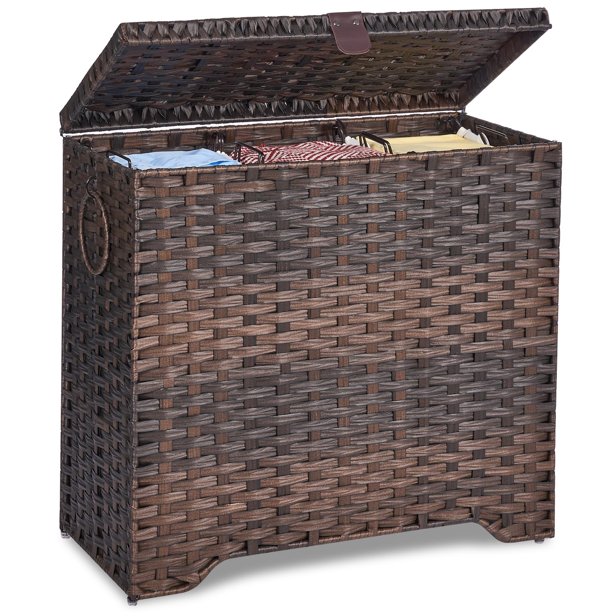 View 1 of 130L Wicker Laundry Hamper with Lid, 3-Section Laundry Basket