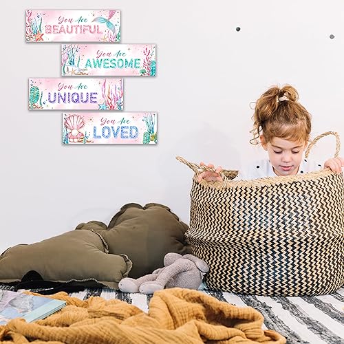 Miniatura 5 de 4 piezas de decoración de baño de sirena para niñas, 11.8 x 3.9 pulgadas, decoración de pared bajo el mar, letrero de madera, arte de pared