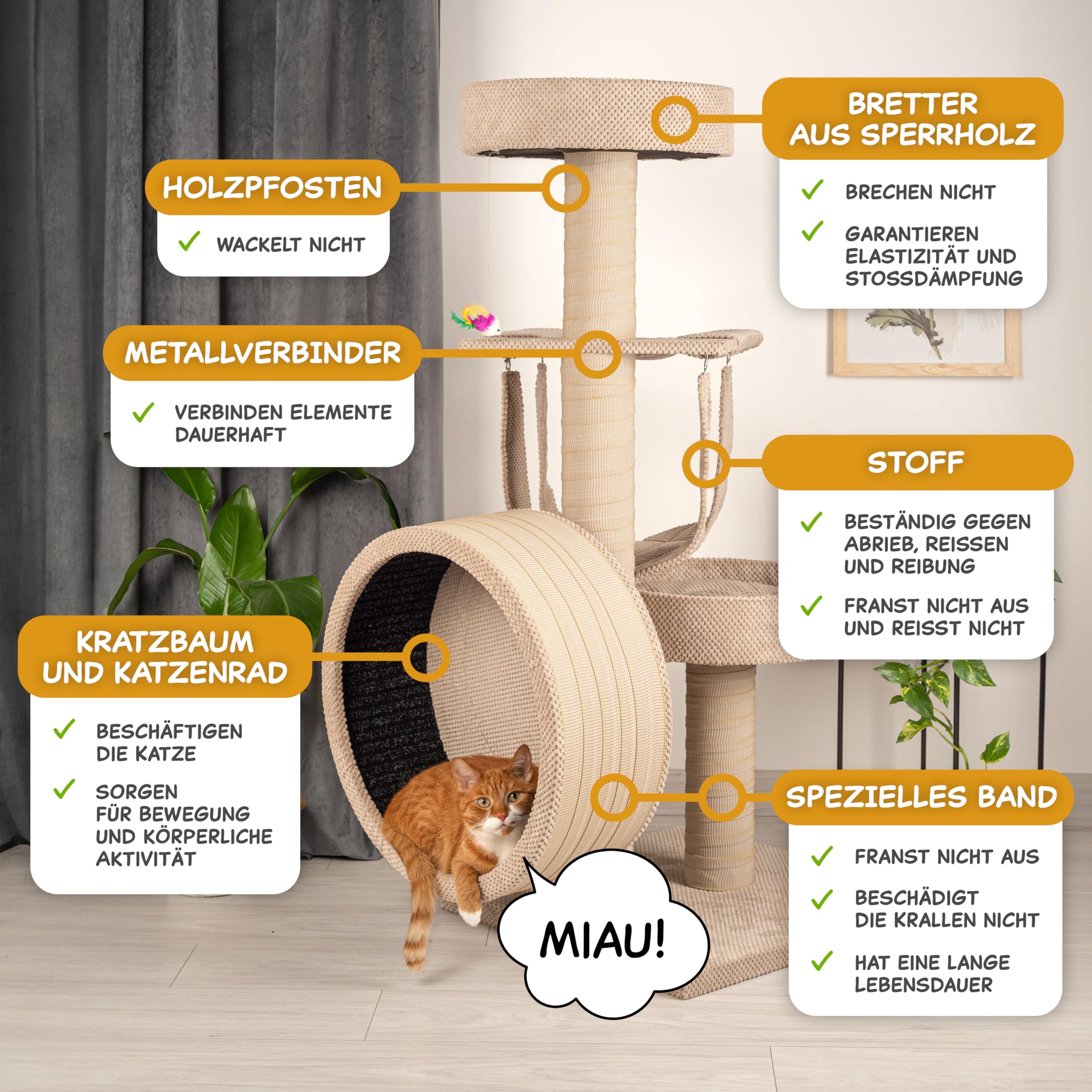 Outentin Kratzbaum für Katzen, mit kleinem Katzenlaufrad aus Holz, Massiver & Stabiler Katzenbaum, Robuster mittelgroßer Kletterbaum & Aktivitätskratzbäume, 135 cm hoch, Dicke Stämme (Beige)