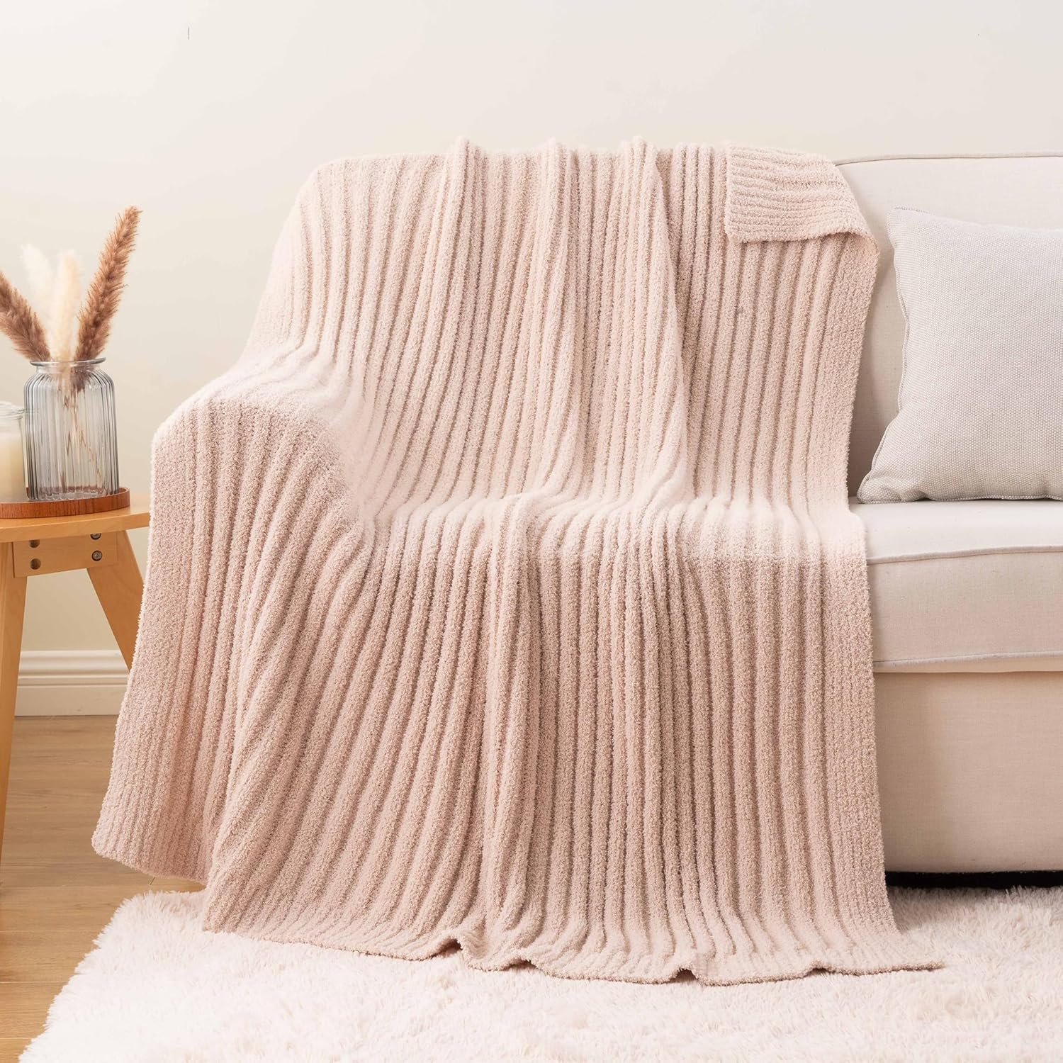 BATTILO Beige Throw Blanket for Couch, Knit Fuzzy Plush Fluffy Soft Netural Blankets, Cozy Warm Lightweight Blanket for Bed, Sofa, Home Decor, 50"x60"