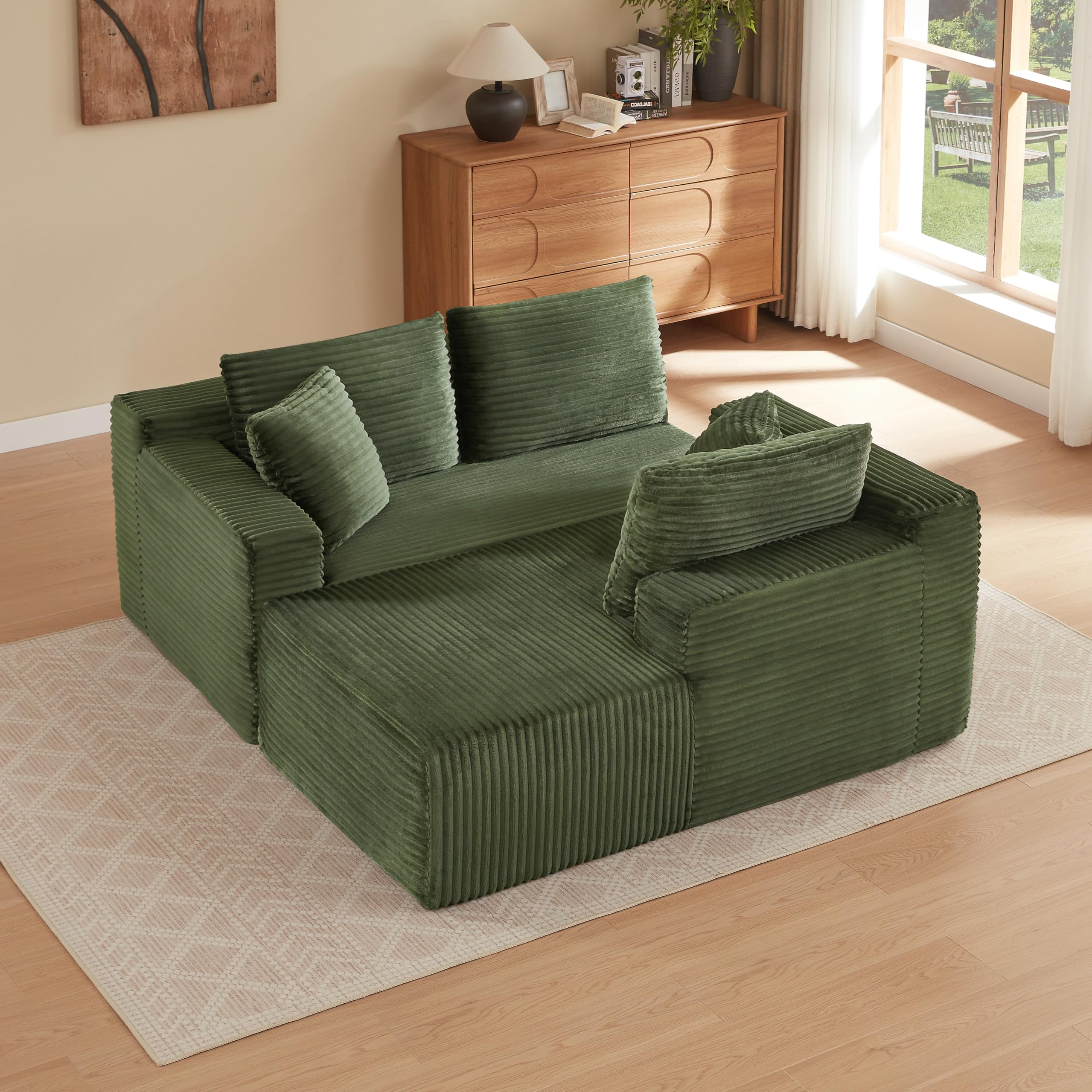 Muskel Divano componibile a forma di L, divano a 3 posti, divano in memory foam, divano angolare modulare con grande chaise longue, divano per soggiorno, paesaggio abitativo (verde)