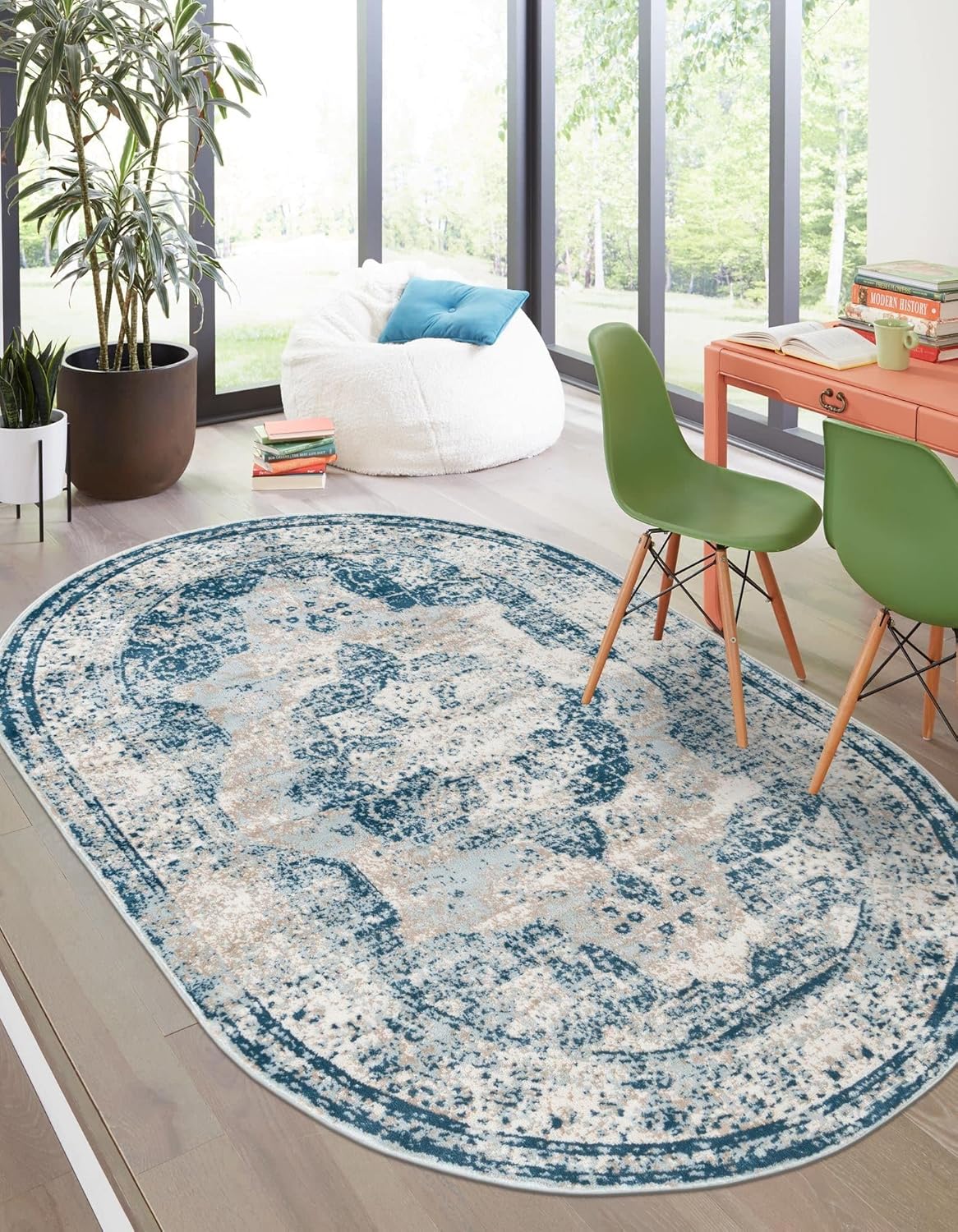 Rugs.com Monte Carlo Collection Rug – 3' x 5' Oval Blue Medium Rug Perfect for Living Rooms, Large Dining Rooms, Open Floorplans
