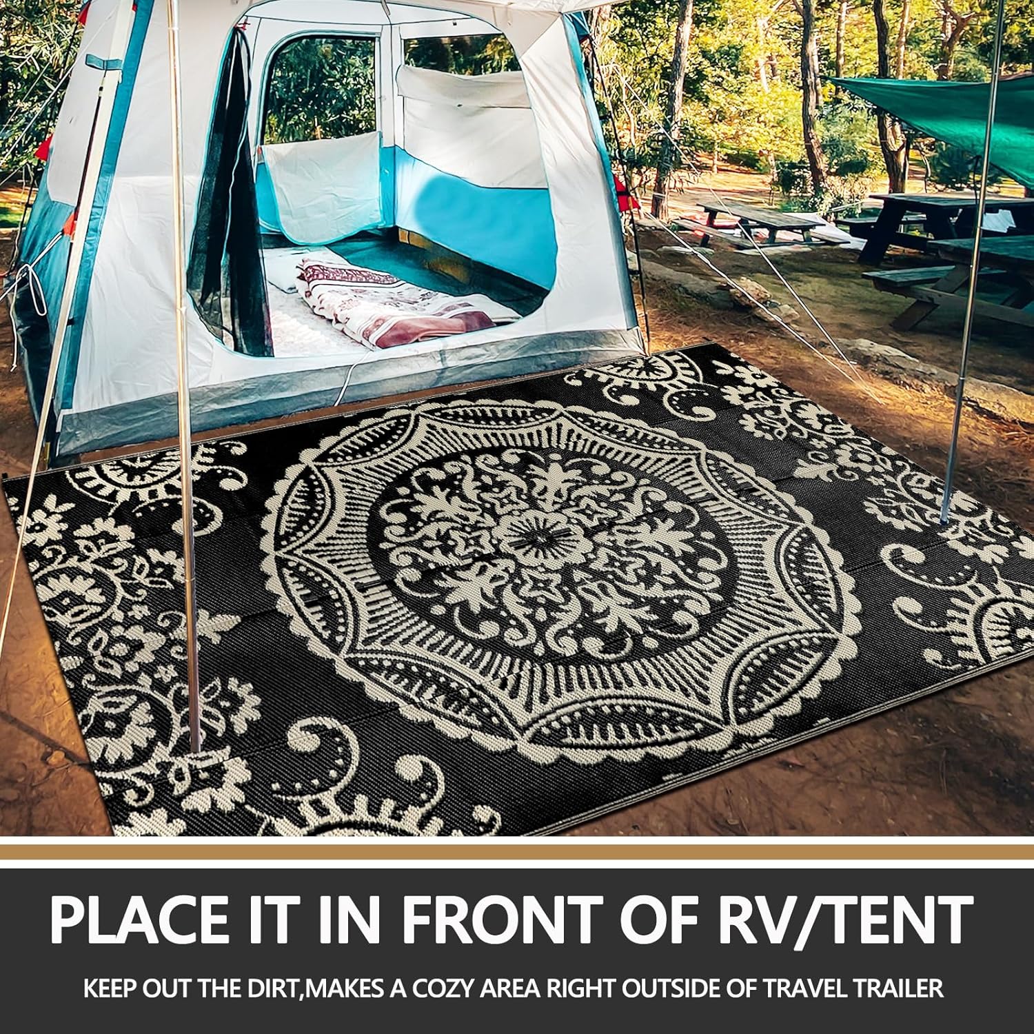 Capslpad 5x8 Outdoor Rug Waterproof Camel Boho Floral Patio Carpet Portable Plastic Straw Rug Foldable Outside Carpet with Carry Bag for RV Backyard Balcony Bench Picnic Porch
