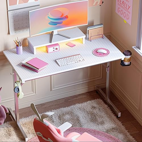 Miniatura 64 de Bestier Escritorio para juegos de 42 pulgadas con luces LED, mesa de juegos para computadora pequeña con estante para monitor, escritorio para Fibra