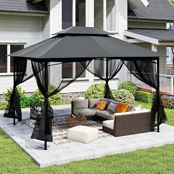 10 X 12 Patio Gazebo with Ventilation Double Roof, Outdoor Gazebo with Removable Mosquito Netting, Easy Up Metal Outdoor Canopy Shelter for Backyard, Garden, Lawn, Grey