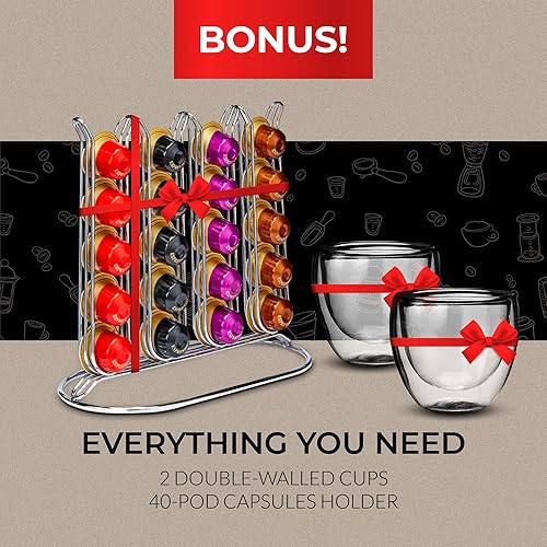 Miniatura 8 de ChefWave Máquina de café expreso para cápsulas compatibles con Nespresso (rojo) Paquete con soporte para cápsulas, 2 tazas de vidrio y espumador de
