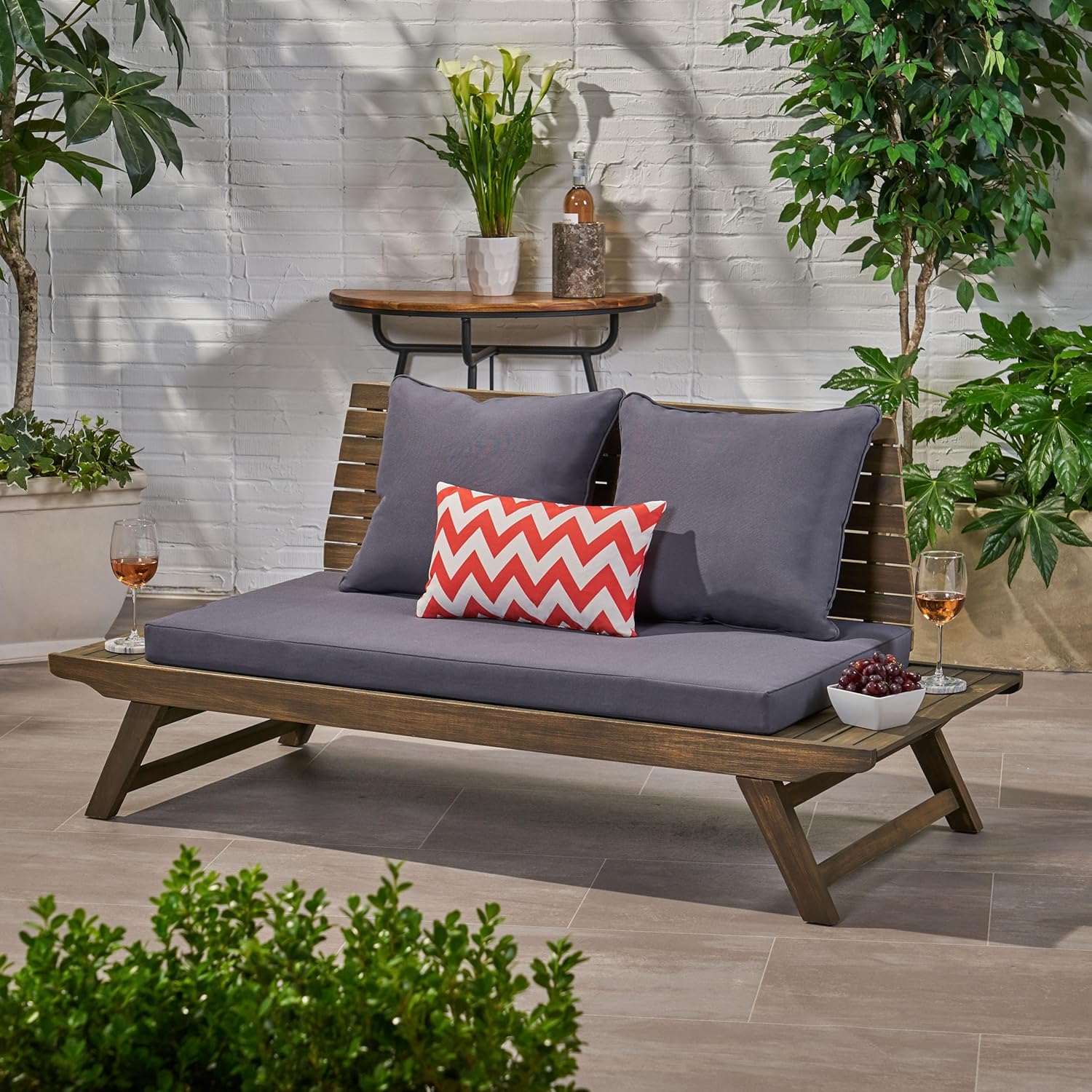 Christopher Knight Home Outdoor Wooden Loveseat with Cushions, Dark Gray and Gray Finish
