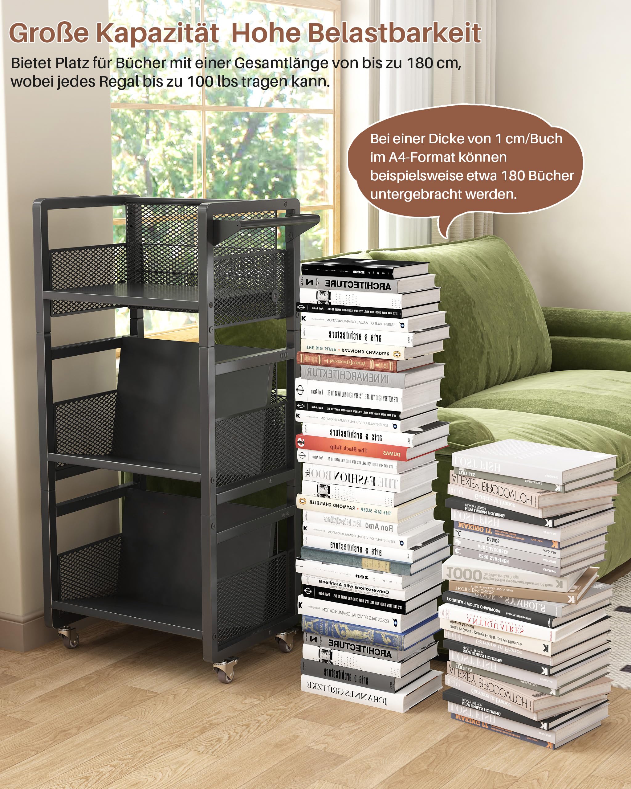 Mobiles Bücherregal mit Rollen, Metall Rollwagen mit 3 Etagen | 3 Magnetische Buchstützen, Handgriff, Beidseitig, 2 Feststellbare Lenkrollen, Büro, Wohnzimmer, Arbeitszimmer, Schwarz