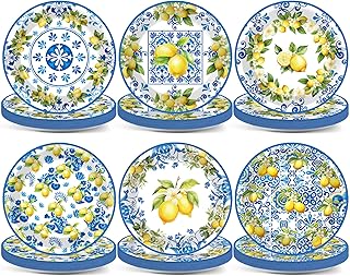 60PCS Lemon Party Paper Plates Lemon Theme Decorations Summer 7In Blue Tiles Yellow Fruit Dessert Plates Disposable Tableware Dinnerware Set for kids Baby Shower Birthday Mediterranean Party Supplies