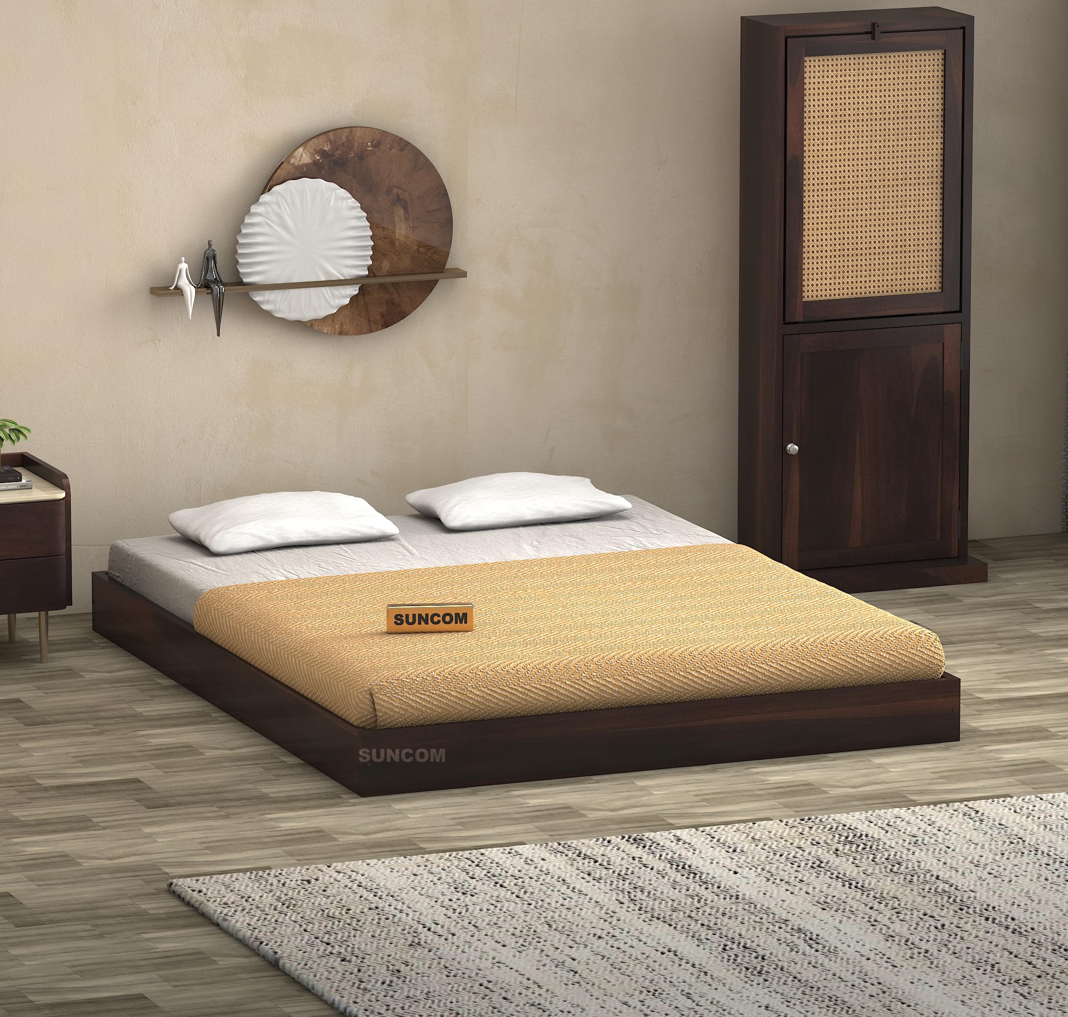 Sheesham Wood Low Height King Size Bed Without Storage Wooden Double Bed Cot Palang for Bedroom Living Room Furniture (Walnut Finish)-image-9