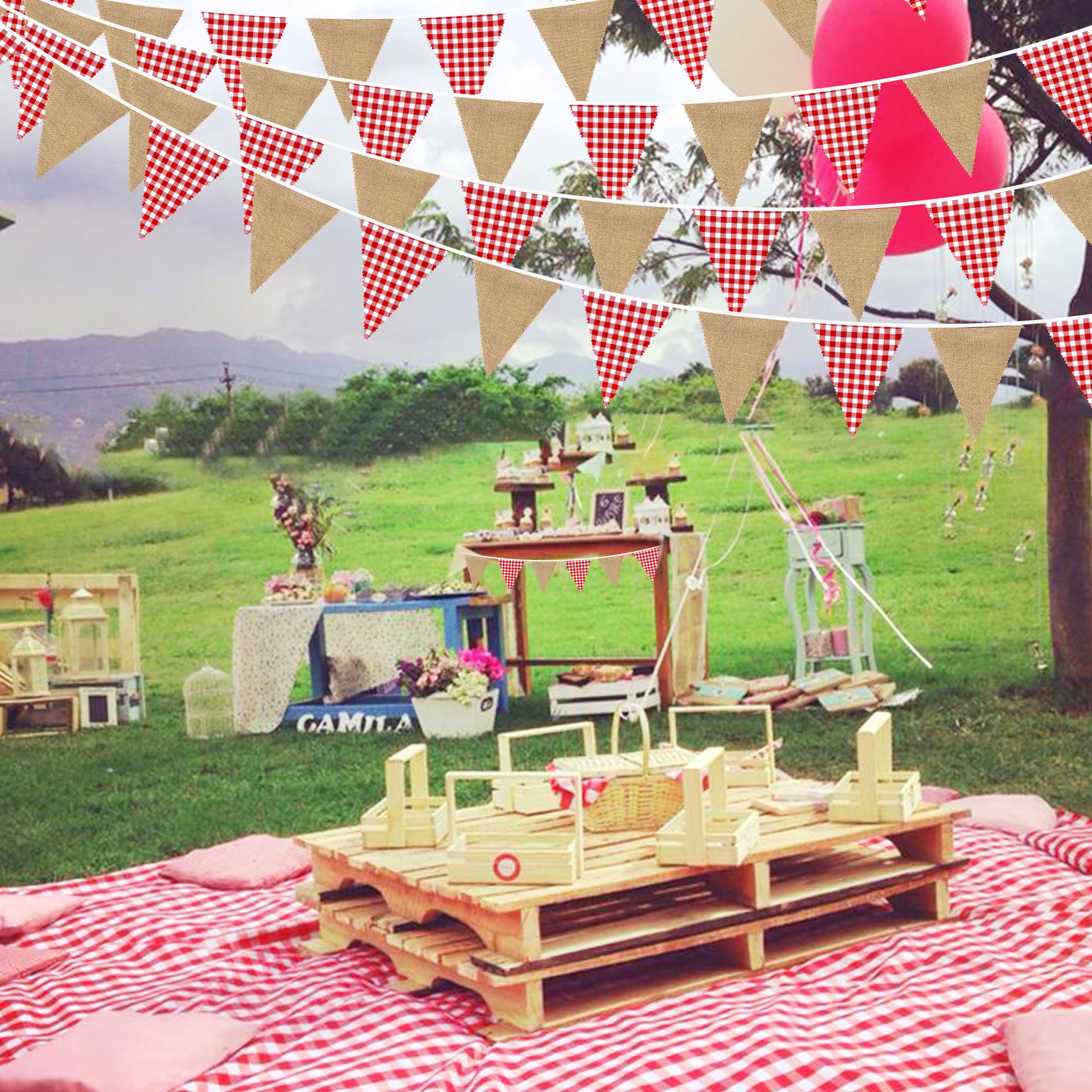 7,8 m rotes kariertes Jute-Banner, rot kariert, Wimpel, Dreieck-Flagge, Girlande, Luftschlangen, Vintage-Kamin, Wandbehang für rustikale Geburtstag, Hochzeit, Babyparty, Verlobung, Boho, Picknick,