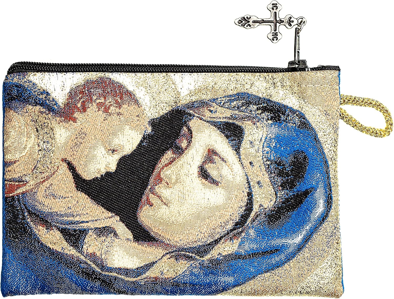 Intercession Hand-Woven, Lined Madonna and Child Rosary Pouch, Made in Turkey with Premium Metallic Thread (Blue - Large) image 5