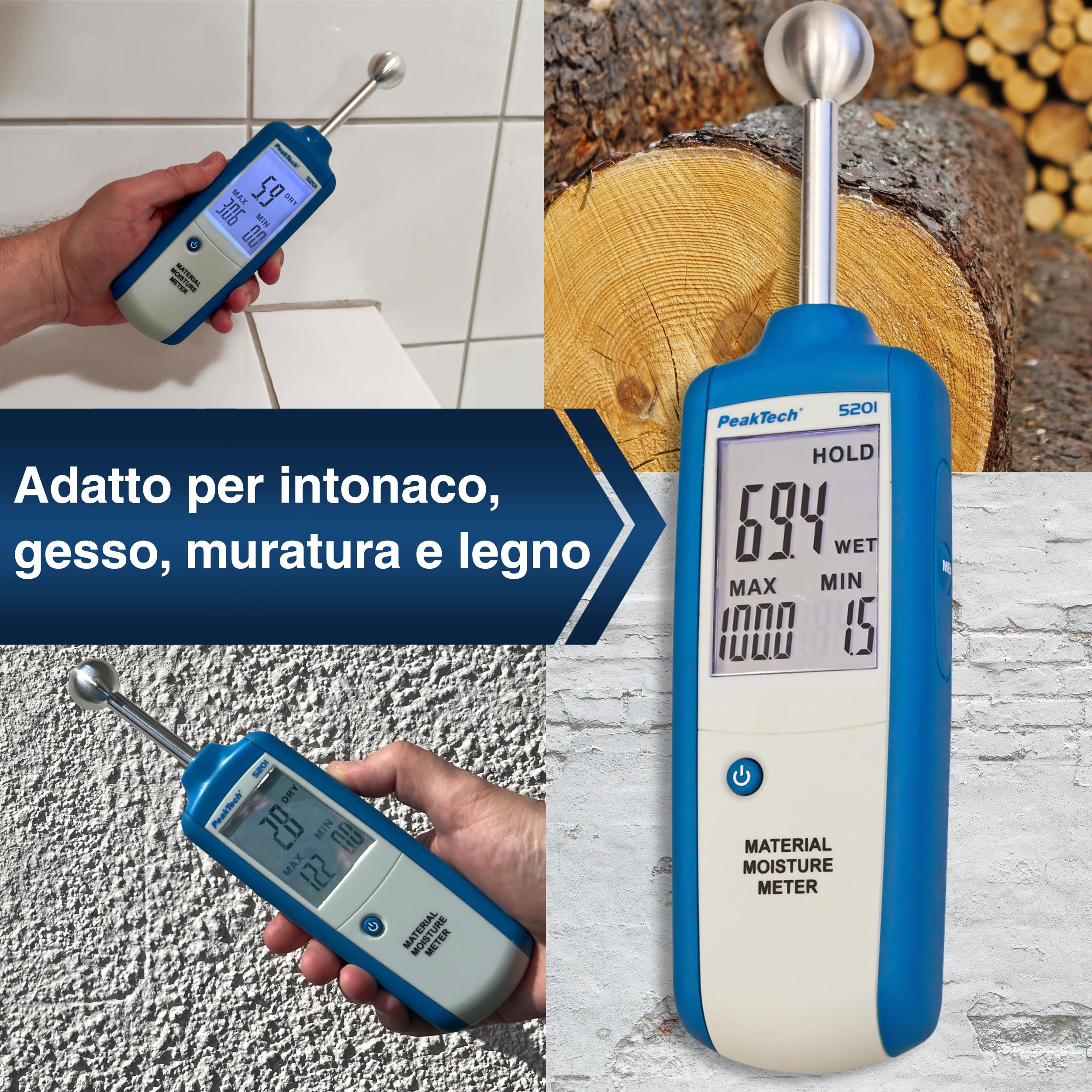 Peaktech 5201 – Misuratore di Umidità, Igrometro per Edilizia, Indicatore di Umidità del Legno, Parete, Gesso, Gesso, Muratura - Profondità di Misurazione: 20-40 mm, Blu