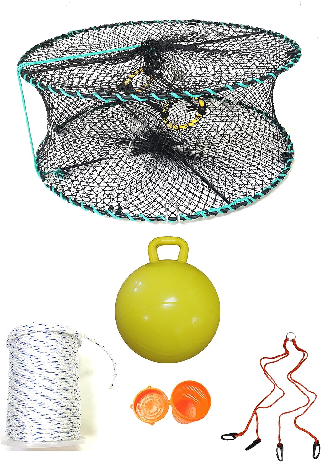 KUFA Sports Foldable Prawn Trap (Stretched Mesh Size:1-1/8") with 400' Rope, Yellow Float, Plastic Vented Bait Cage & Harness Combo