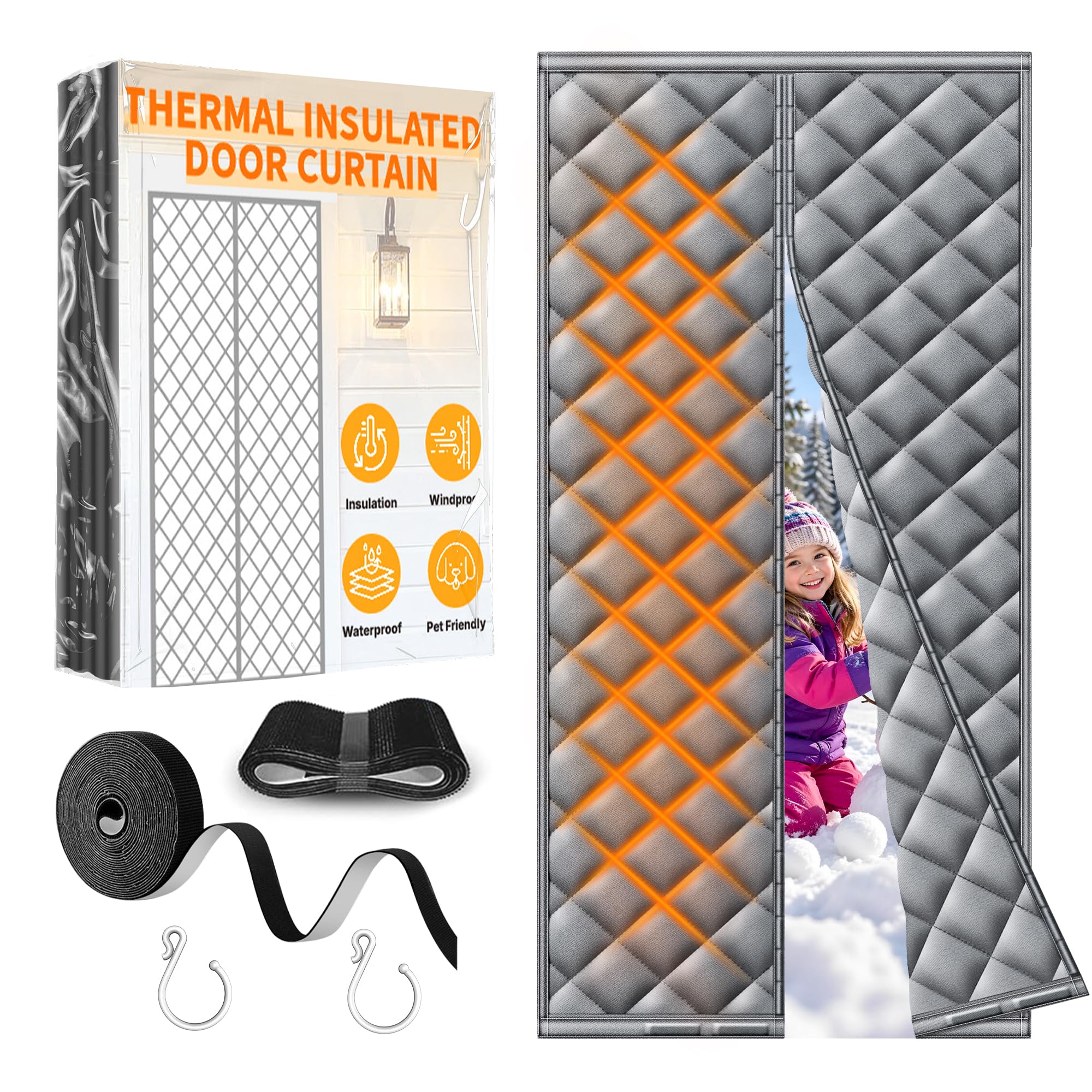 HOFUDON Tenda Magnetica Isolante Termica per Porte 90 x 210cm, Oxford Rinforzato con Magneti Potenti, Tenda Termica Isolante Freddo e Caldo, Per Interni/Esterni - Impermeabile, Antivento - Grigio