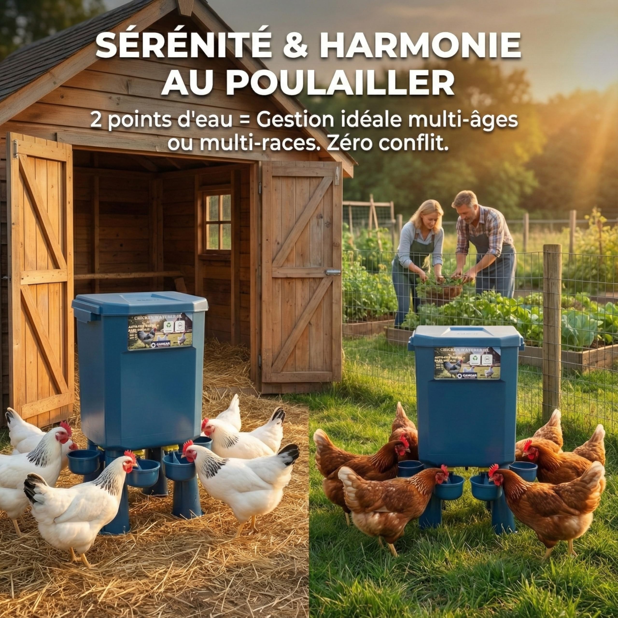 Kit 2 Abreuvoirs Poules 11L/7L – Anti-gaspillage d’Eau, Valve Automatique, Zéro Conflit Multi-Enclos, Anti-Cyanobactéries, Ideal Microfermes et Élevages Amateurs, sans BPA, Matériaux Durables