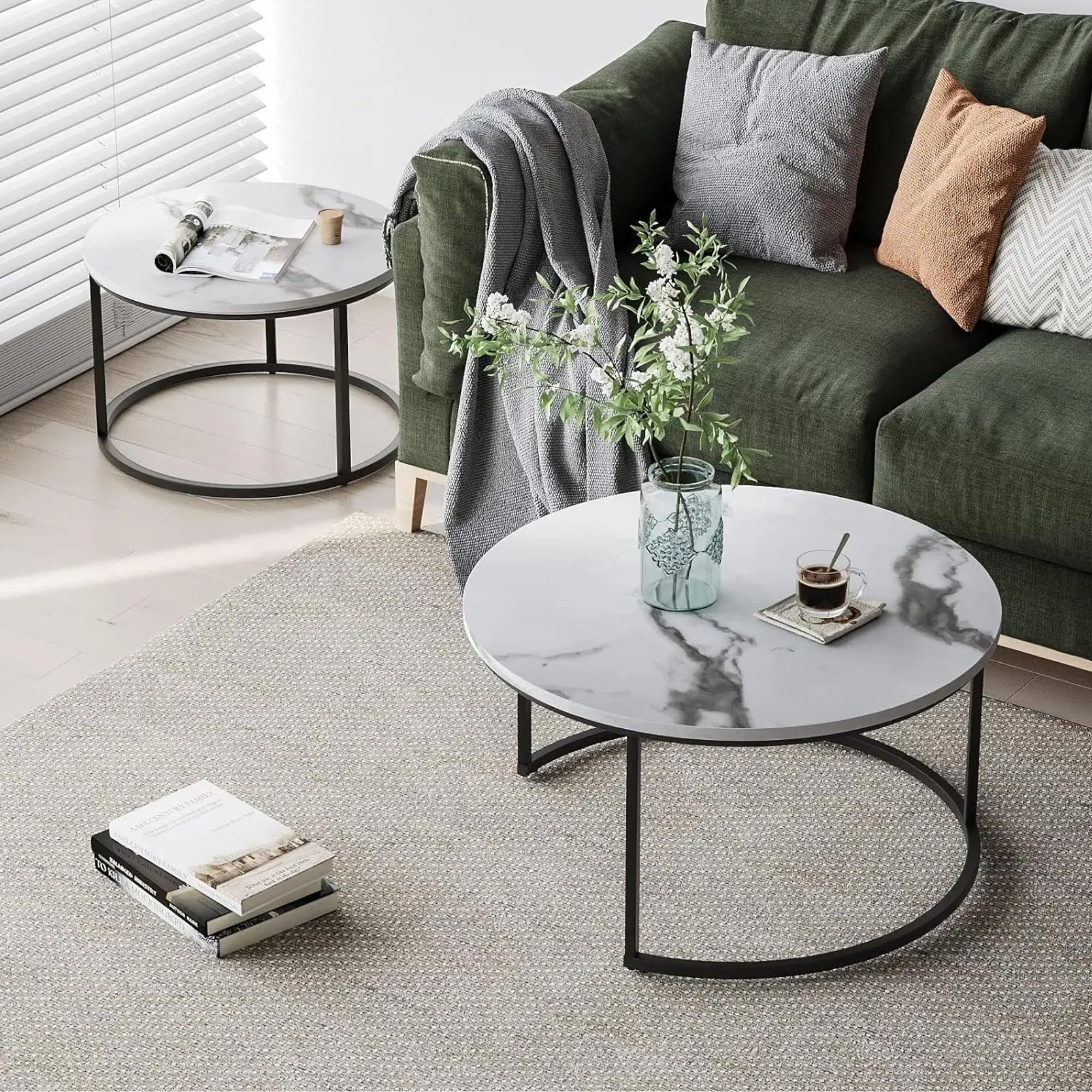 Home Heaven® - Tavolino rotondo in marmo con struttura in metallo nero, set da 2 pezzi, per soggiorno, camera da letto e balcone, ø 70 x 50 cm