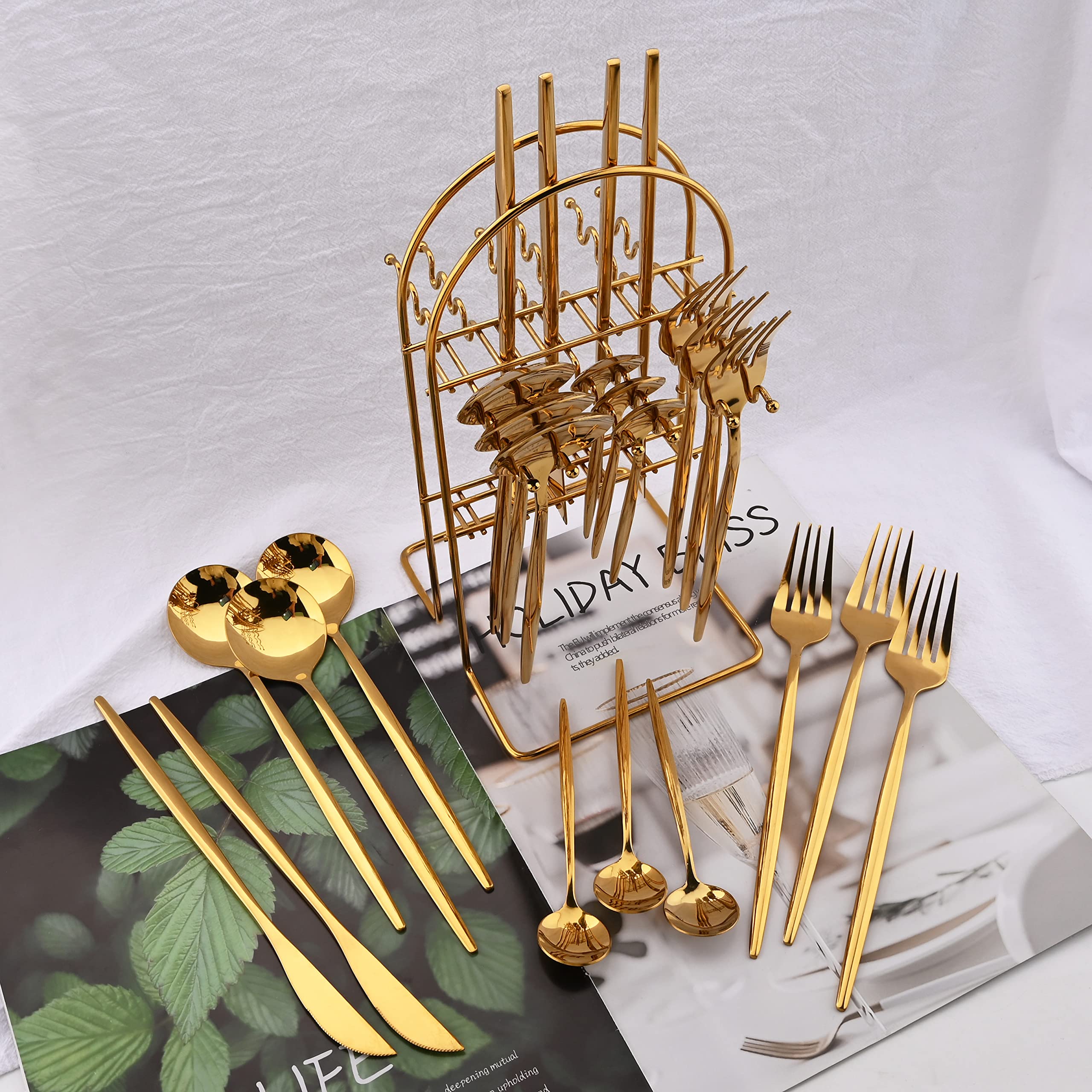 Uniturcky 24 Piece Hanging Flatware Set, Stainless Steel Family Kitchen Utensil Set with Rack, Cutlery set for 6 with Holder, Silverware Sets with Holder, Hanging flatware set, Mirror Polished(Gold)