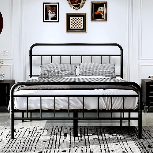 Base de cama de 14 pulgadas de metal, base de cama tamaño Queen con cabecera tapizada, base de colchón resistente y de alta capacidad, fácil Negro