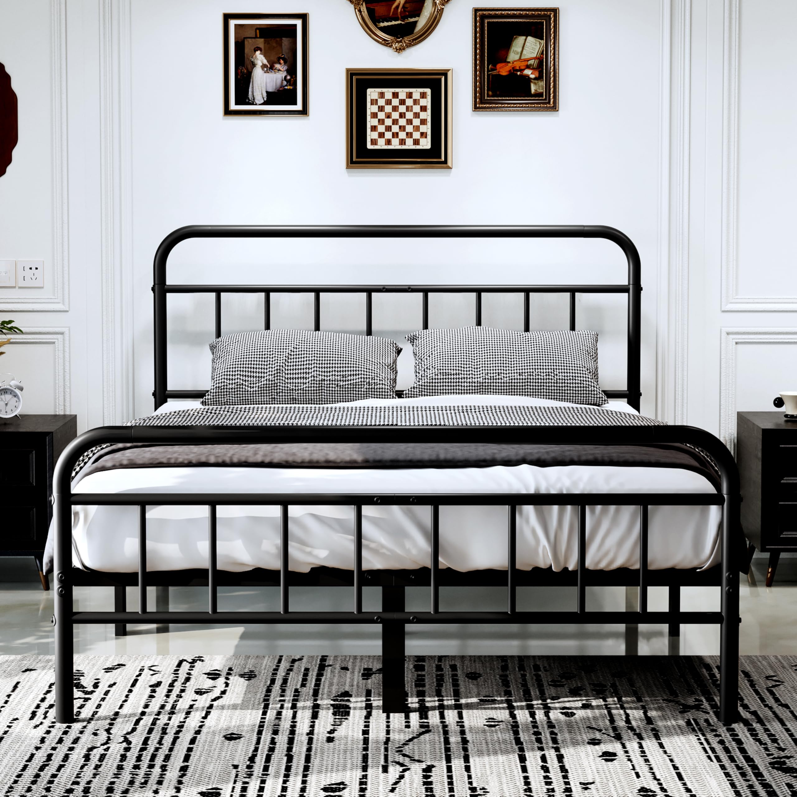 14Inch Metal Bed Frame King Size Bed Frame with Upholstered Headboard Heavy Duty Sturdy Mattress Foundation Easy Assembly