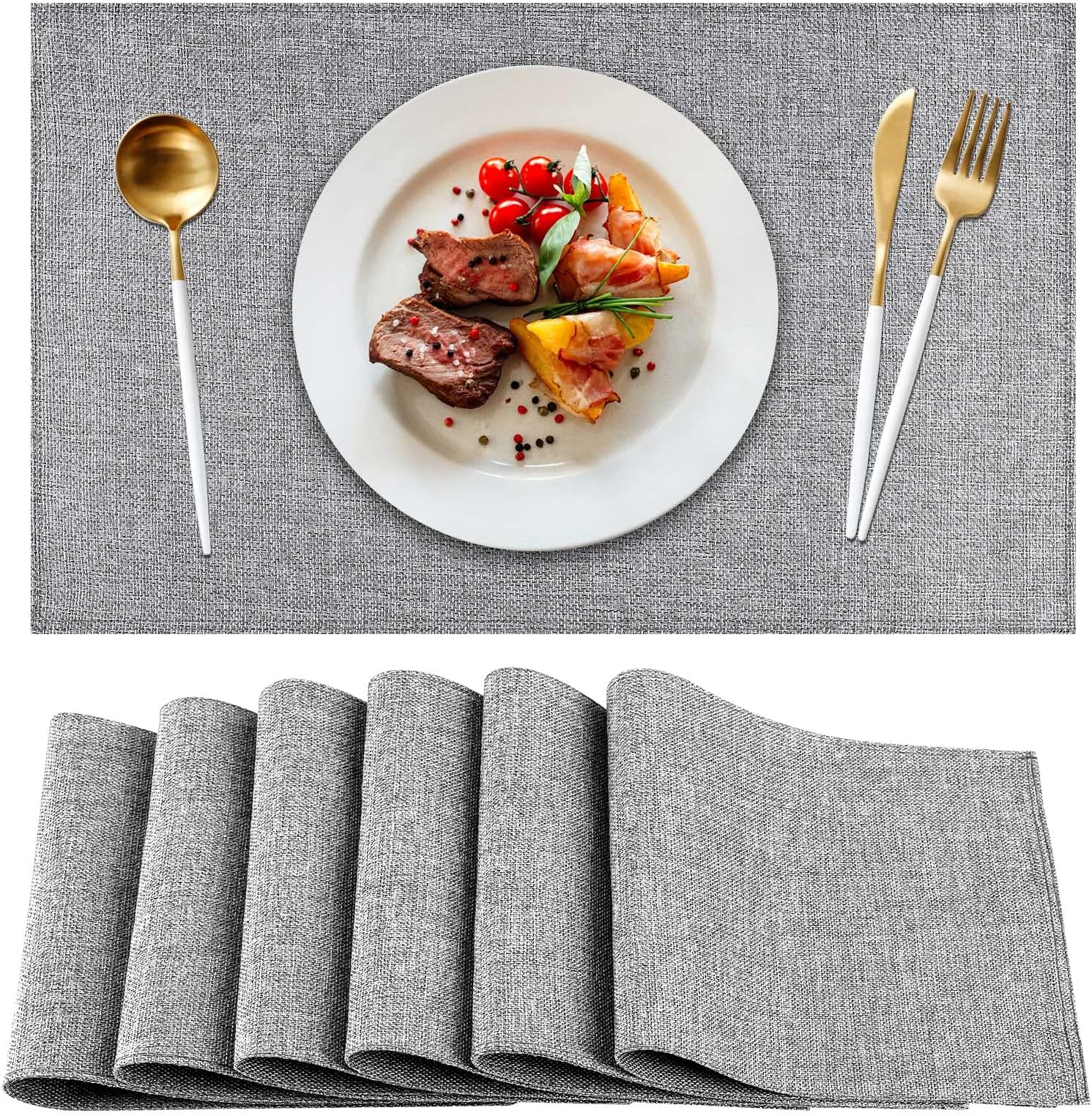 Sinfox Placemats Set of 6, 11.8 X 17.1 Inches Heat Resistant Table Mats for Dining, Durable Non-Slip Washable Holiday Kitchen Place Mats-Grey