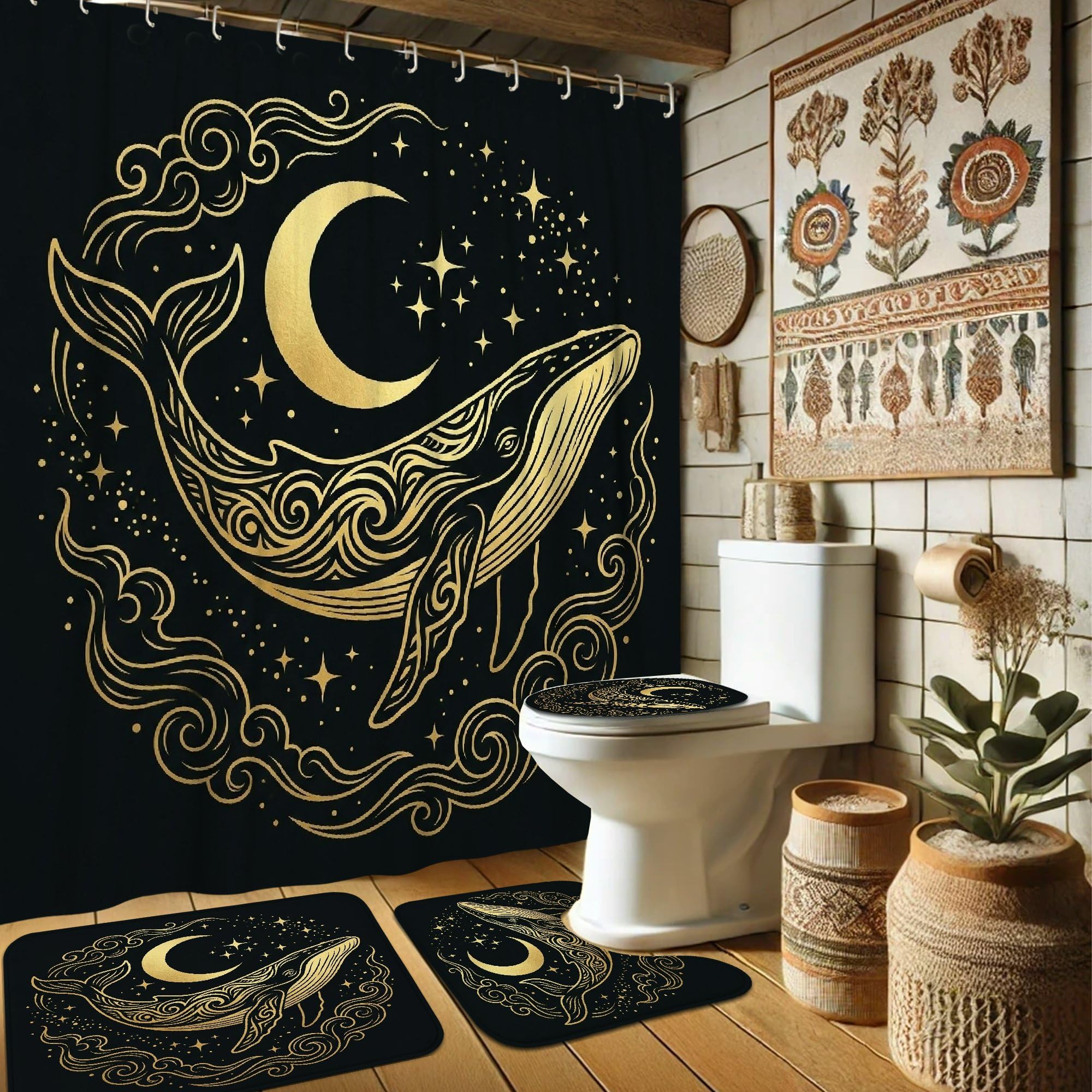 Rideau de douche 183x183 cm polyester imperméable avec tapis assorti décor étoiles dorées