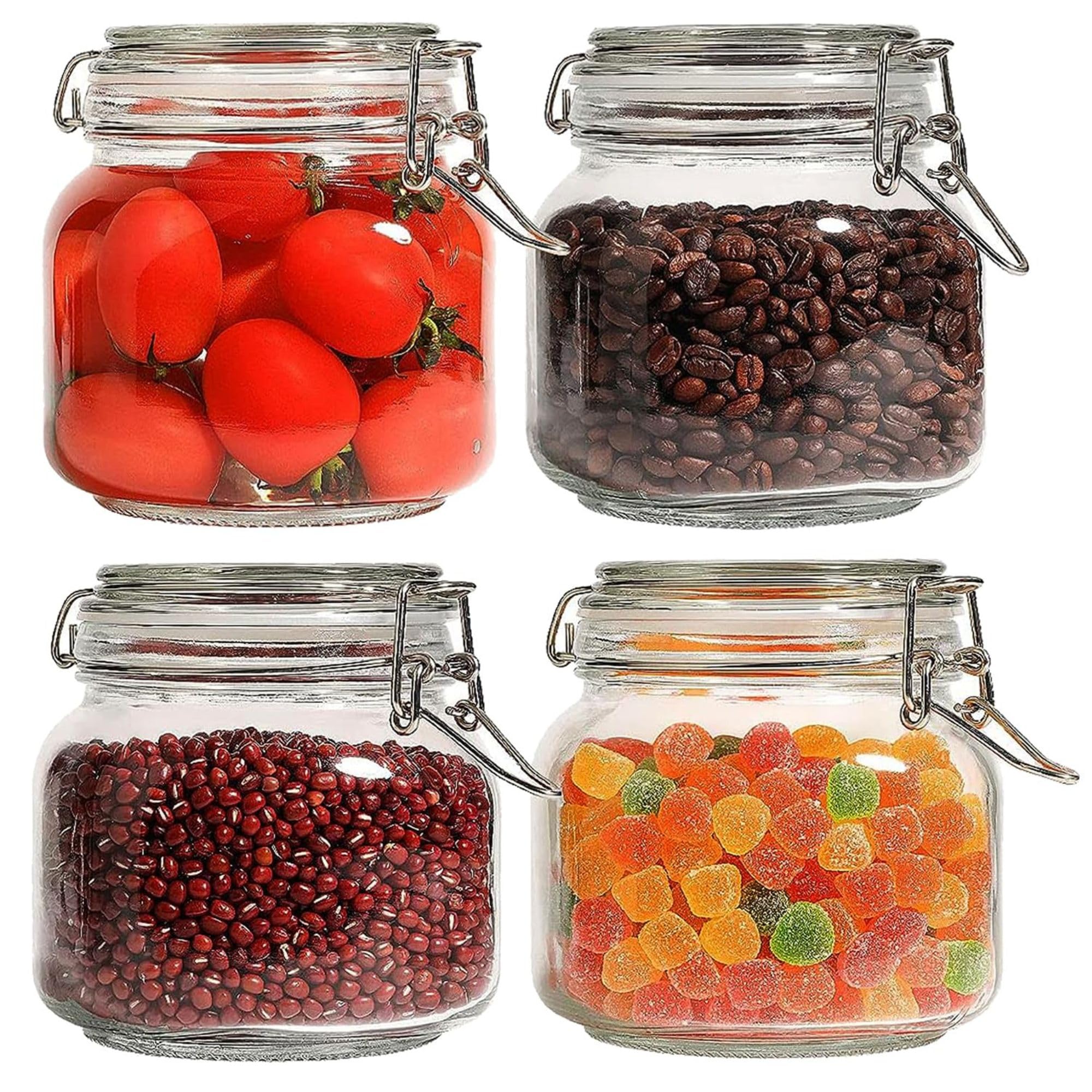 Clip Top Glass Jar 750ml, Airtight Glass Storage Jars with Lids, Kitchen Storage Container Square Preserving Jar for Ping Cereal,Pasta, Sugar, Beans, Spice, 12.8x12.5 cm, Pack of 4