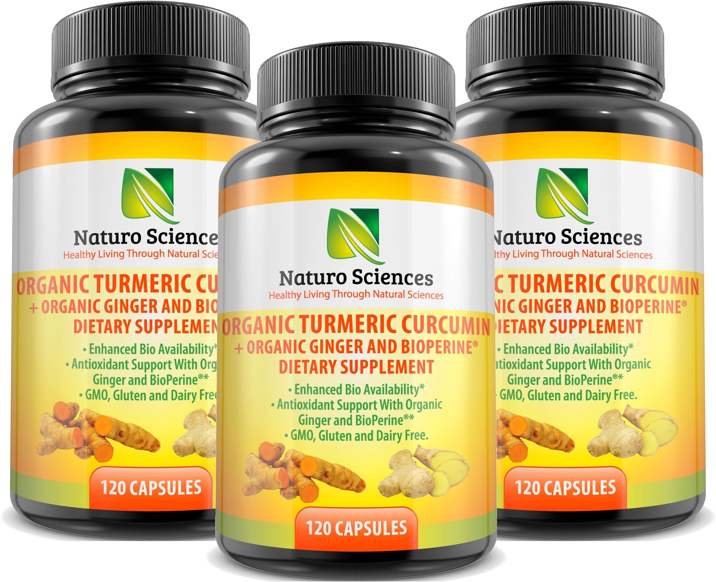 Organic Turmeric Curcumin with BioPerine and Ginger by Naturo Sciences (Three Pack, 360 Capsules)