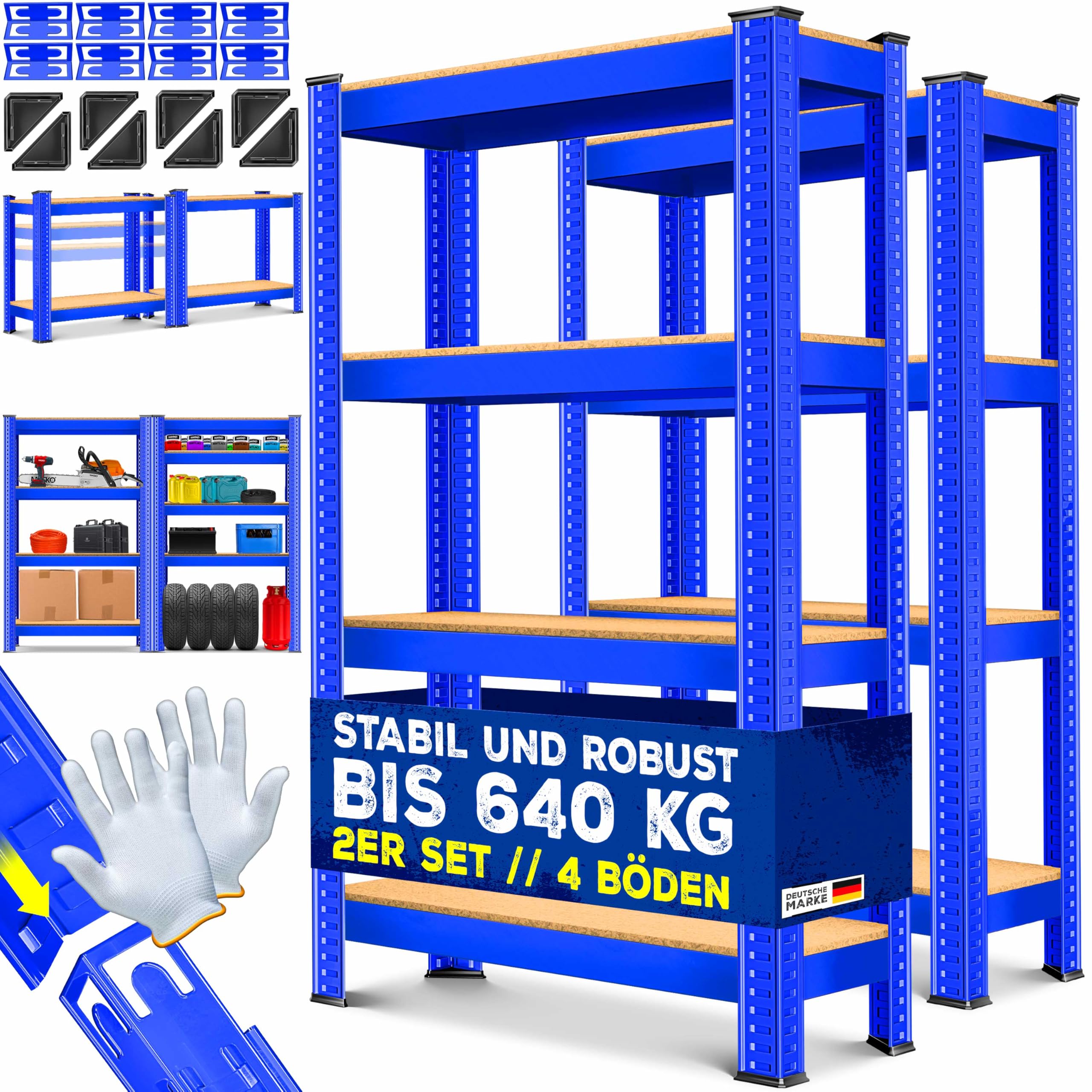 MASKO® 2er-Set Lagerregal Schwerlastregal, Kellerregal, 160 x 80 x 40 cm, bis 700 kg belastbar, 4 verstellbare Ablagen, MDF-Platten Regal aus Metall, Steckregal, Werkstattregal, Keller, Garage Blau