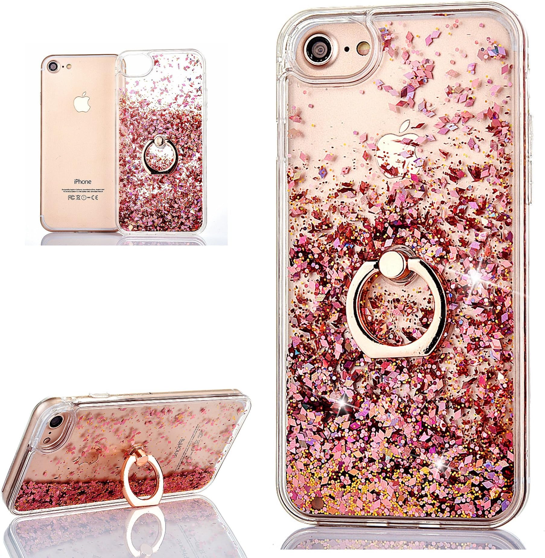 Phone Case for iPhone SE 2022 / iPhone SE 2020 /iPhone 8/iPhone 7 Case Cover Glitter Sparkle Liquid Sparkly Hard Transparent Silicone Clear Soft Bumper Case with Ring Holder Stand,Rose Gold