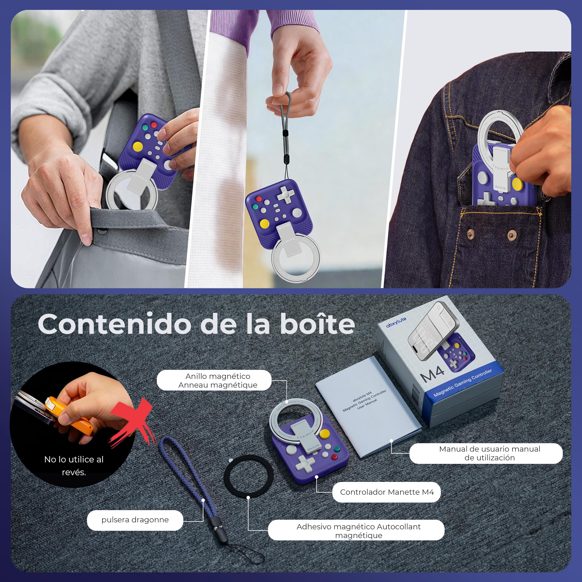 abxylute Controlador de juegos móvil M4 Snap-On para Android y iPhone, controlador portátil ligero para teléfono, soporte para gamepad retro de bolsillo, doble joystick turbo (azul)