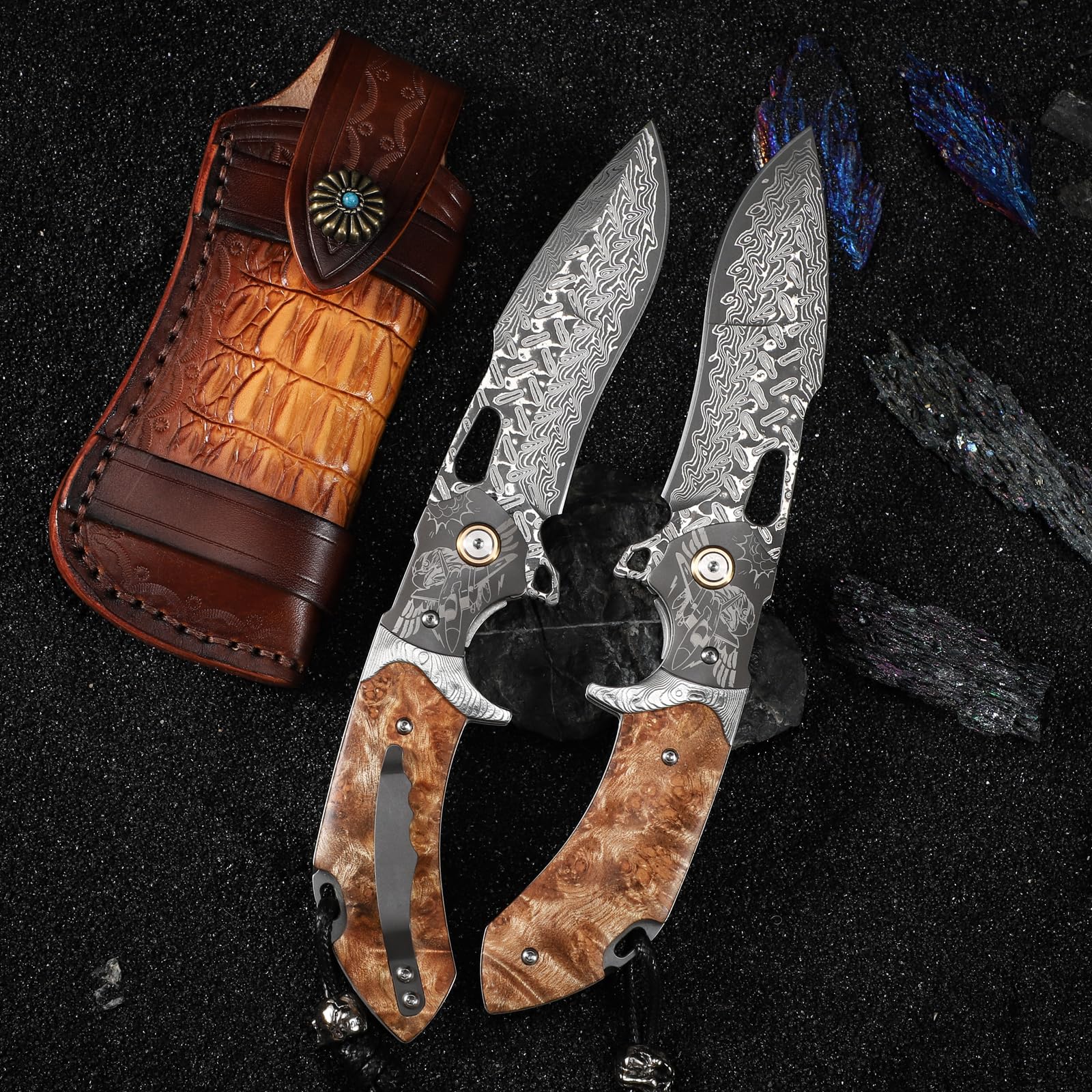 Handgefertigtes Klappmesser aus Damaszenerstahl, EDC-Messer für Herren, komplett mit Lederscheide und Taschenclip. Taschenmesser für Outdoor-Camping, Wanderungen，Bergsteigen und Jagd