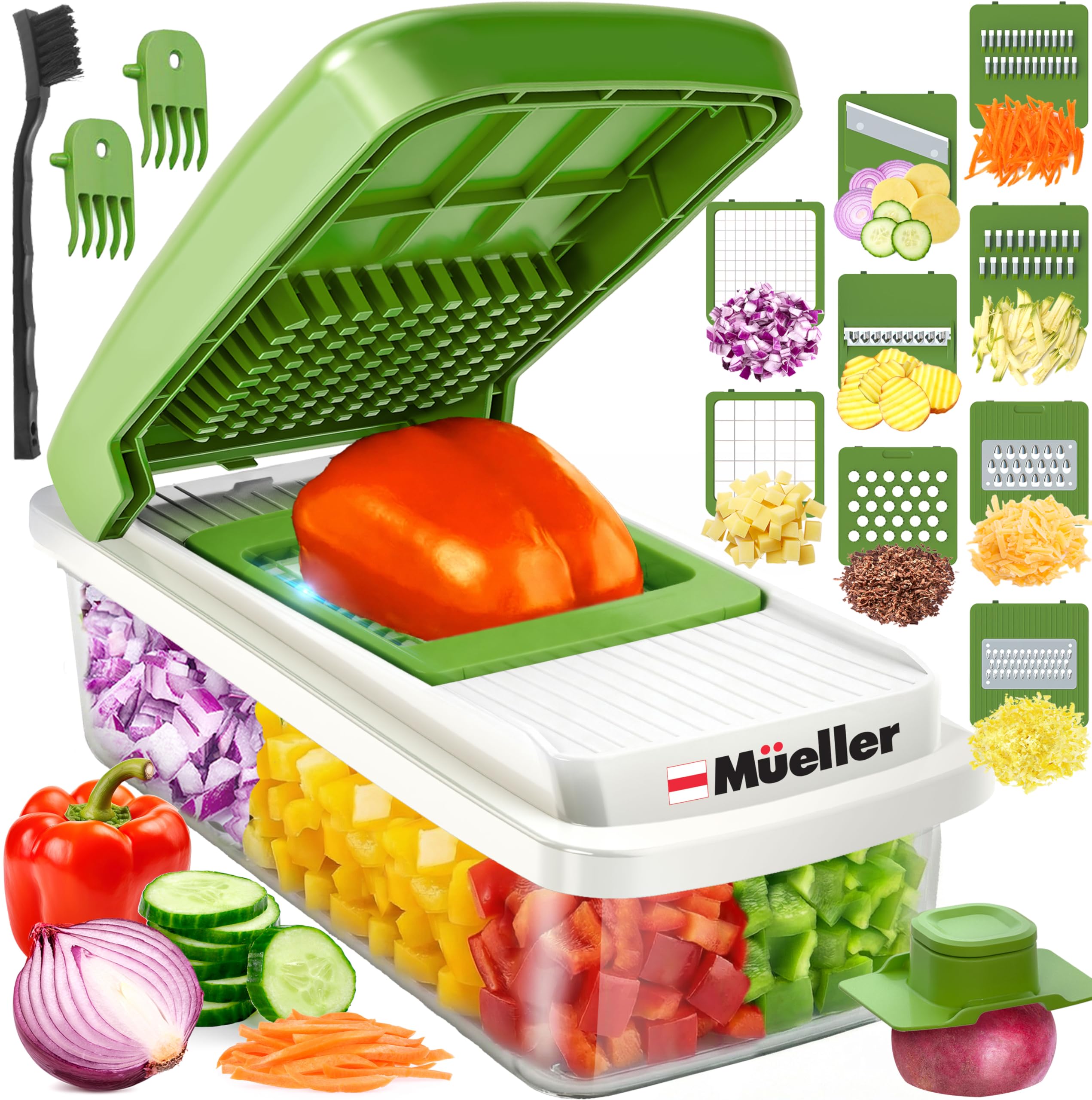 Mueller Vegetable Chopper, Mandoline Slicer, Food Veggie Chopper, Cheese Grater, Onion Vegetable Cutter with Container, Dicer, Kitchen Gadgets & Essentials, White Sand/Green