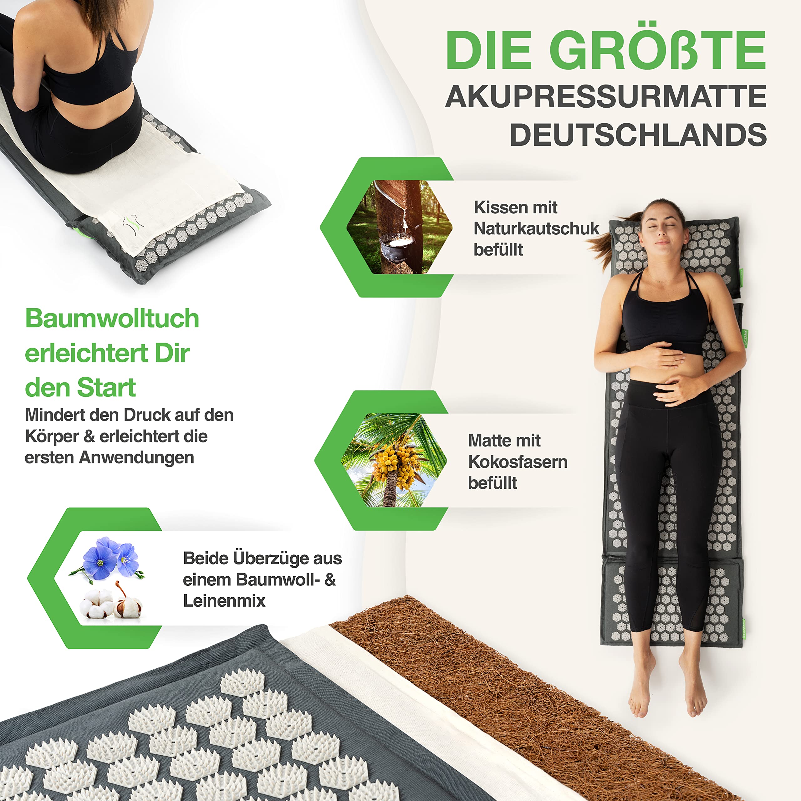 BACKLAXX Akupressurmatte Set mit Kissen, Tuch & Tasche | XL Akupressur-Matte - 120% mehr Fläche | Akupunktur-Matte mit Stacheln zur Massage | Akkupressmatte für Nacken & Schulter | Massagematte Rücken