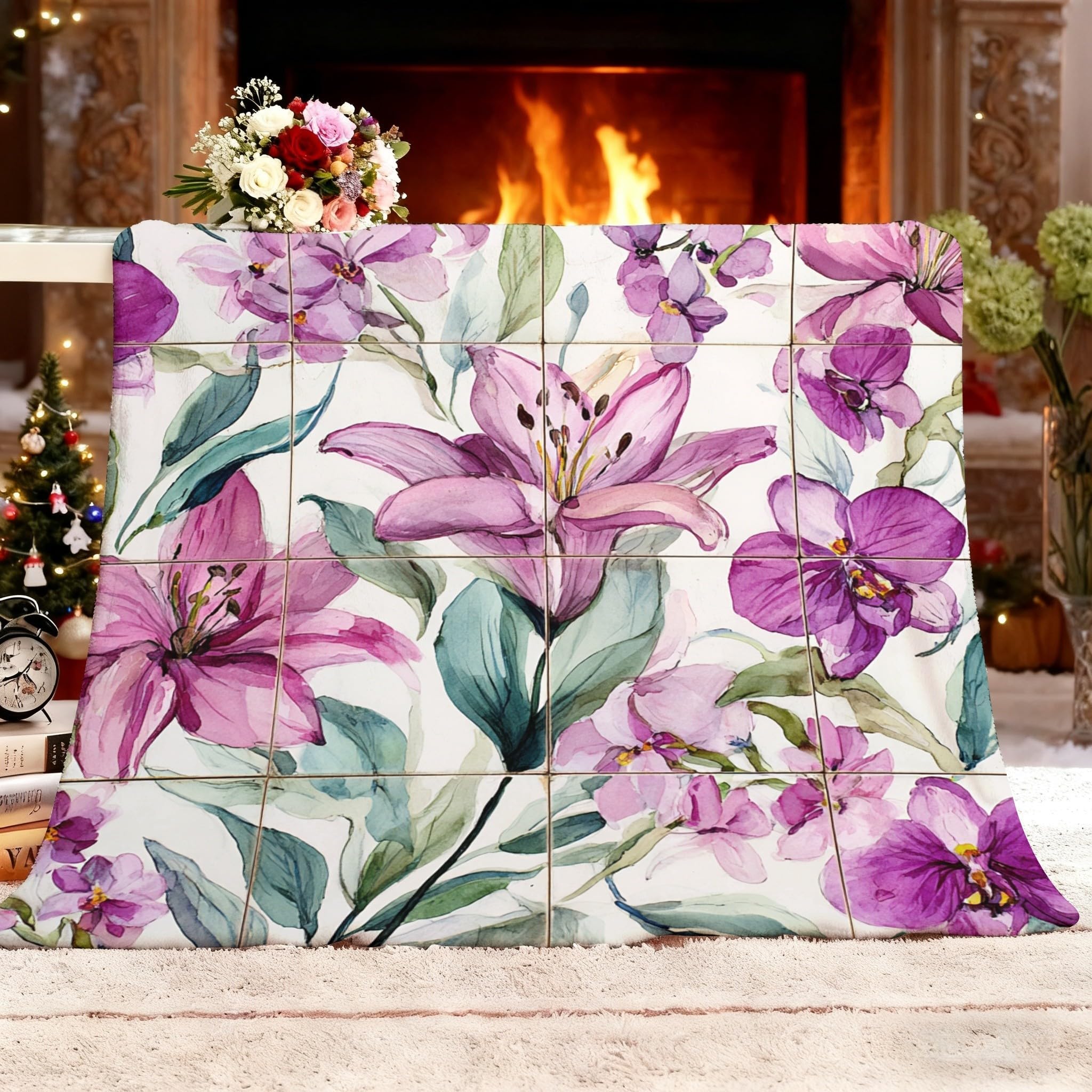 Personalisierte Decke mit Foto 150x200 cm Sherpa Decke Aquarellmalerei Von Blumen Und Lilien Warme Dicke Kuscheldecke Flauschig Lila Sofadecke Couchdecke Winterdecke, Wohndecke Wohn- & Kuscheldecken