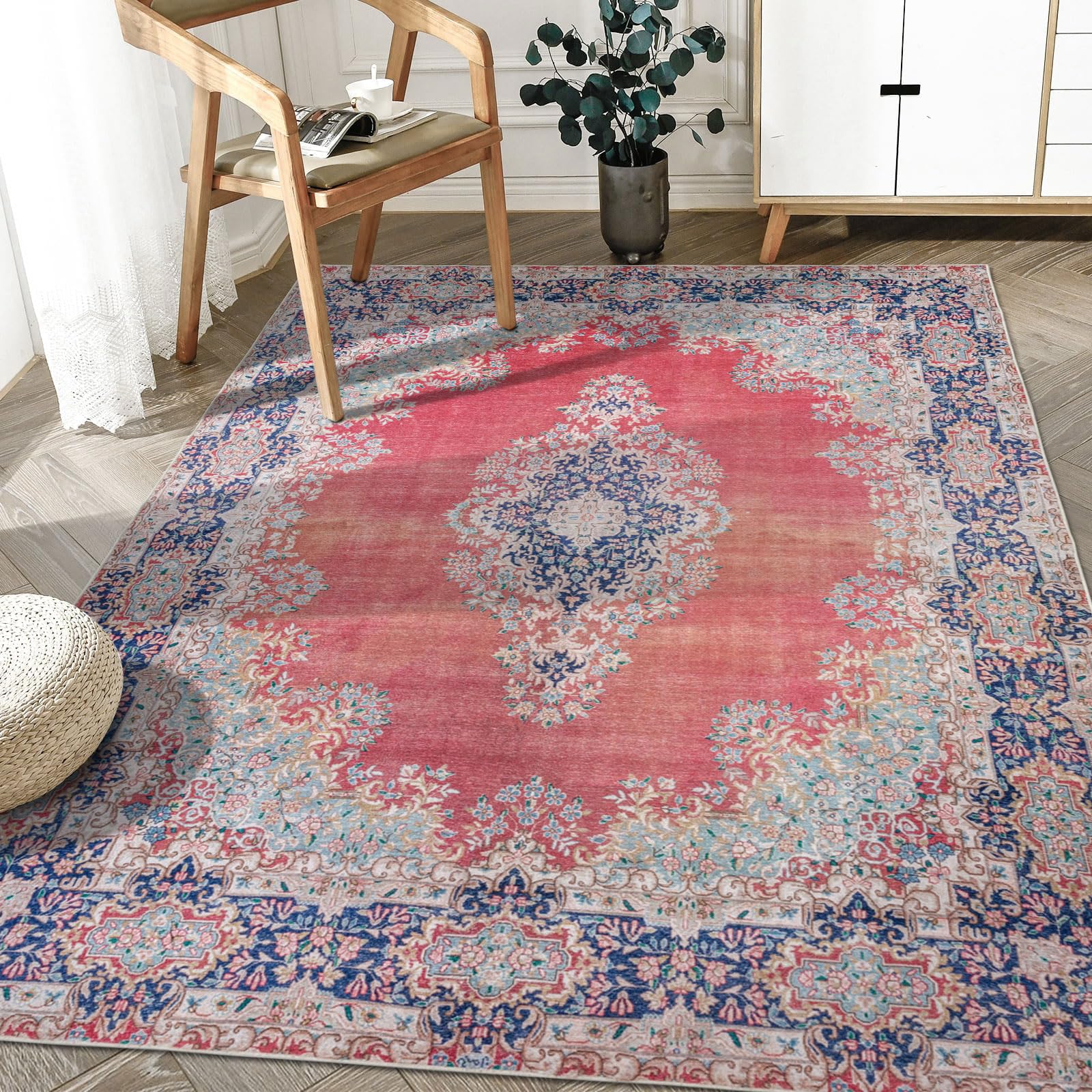 DECOMALL Maila Washable Rug Indoor, Non Slip Area Vintage Area Rug, Foldable Carpet Thin, Traditional Bohemian Red Rug for Bedroom, Living Room, rv