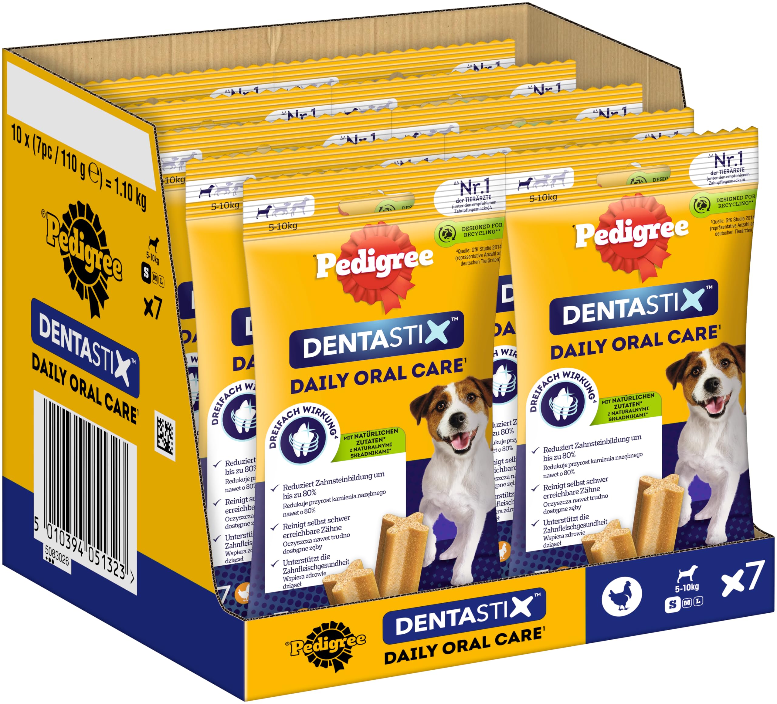 Pedigree DentaStix Hundesnack für kleine Hunde (5-10kg), Zahnpflege-Snack mit Huhn und Rind, 10 Packungen je 7 Stück (10 x 100 g)