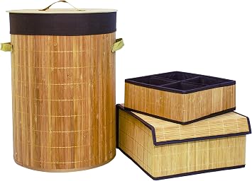 FixtureDisplays Set of 3 Laundry Hampers Bamboo Round Wicker
