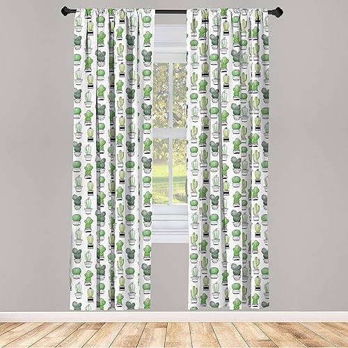 Miniatura 2 de Ambesonne Cortinas de ventana de cactus, patrón de follaje dibujado a mano con diseño de cerámica ornamental, estilo de boceto, decoración ligera,