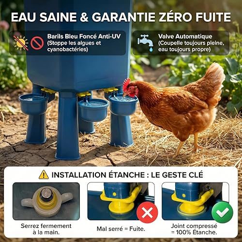 Kit Mangeoire et Abreuvoir Poules 12KG/11L Anti-Nuisibles Valve Automatique Anti-Cyanobactéries, Ideal Microfermes et Élevages Amateurs, Autonomie Longue Durée, Réduit Rechargement, Matériaux Durables - 3