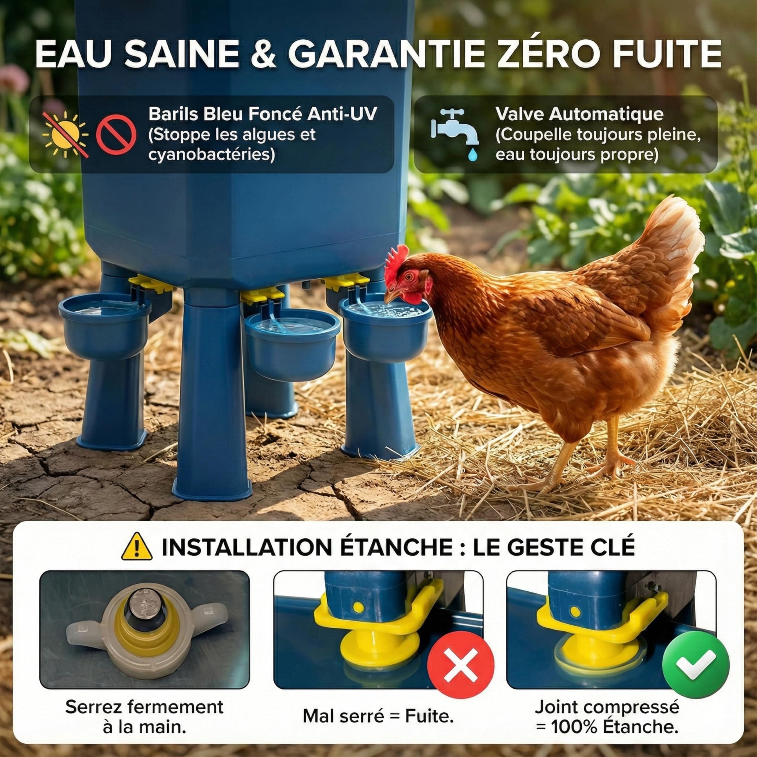 Kit Mangeoire et Abreuvoir Poules 8KG/7L – Anti-Nuisibles Valve Automatique Anti-Cyanobactéries, Ideal Microfermes et Élevages Amateurs, Autonomie Longue Durée, Réduit Rechargement, Matériaux Durables