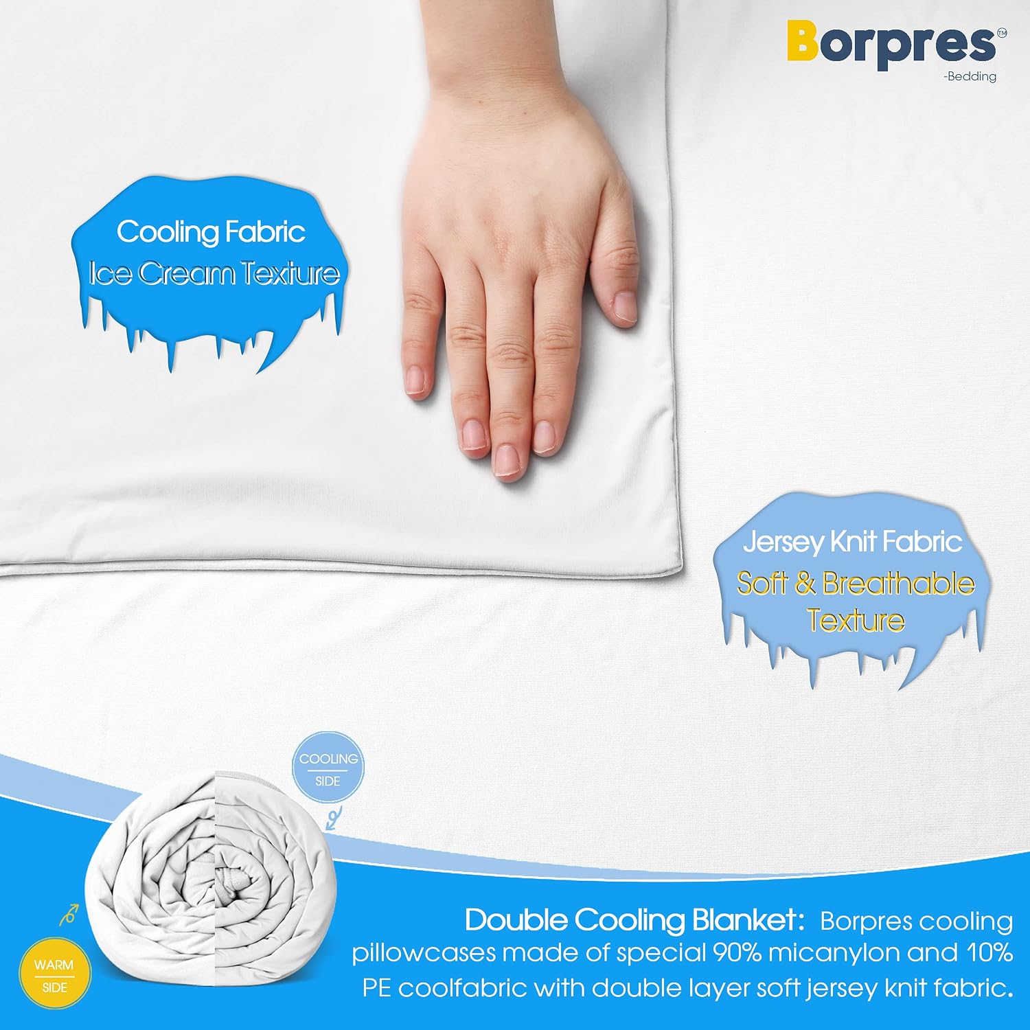 BORPRES Cooling Pillowcase,Japanese Chill-Plus Tech,Q-MAX>0.43 Cooling Fiber, Absorbs Heat Keep Cool,Double Sided Design,Idea for Hot Sleeper Night Sweats All Seasons Queen Size,White