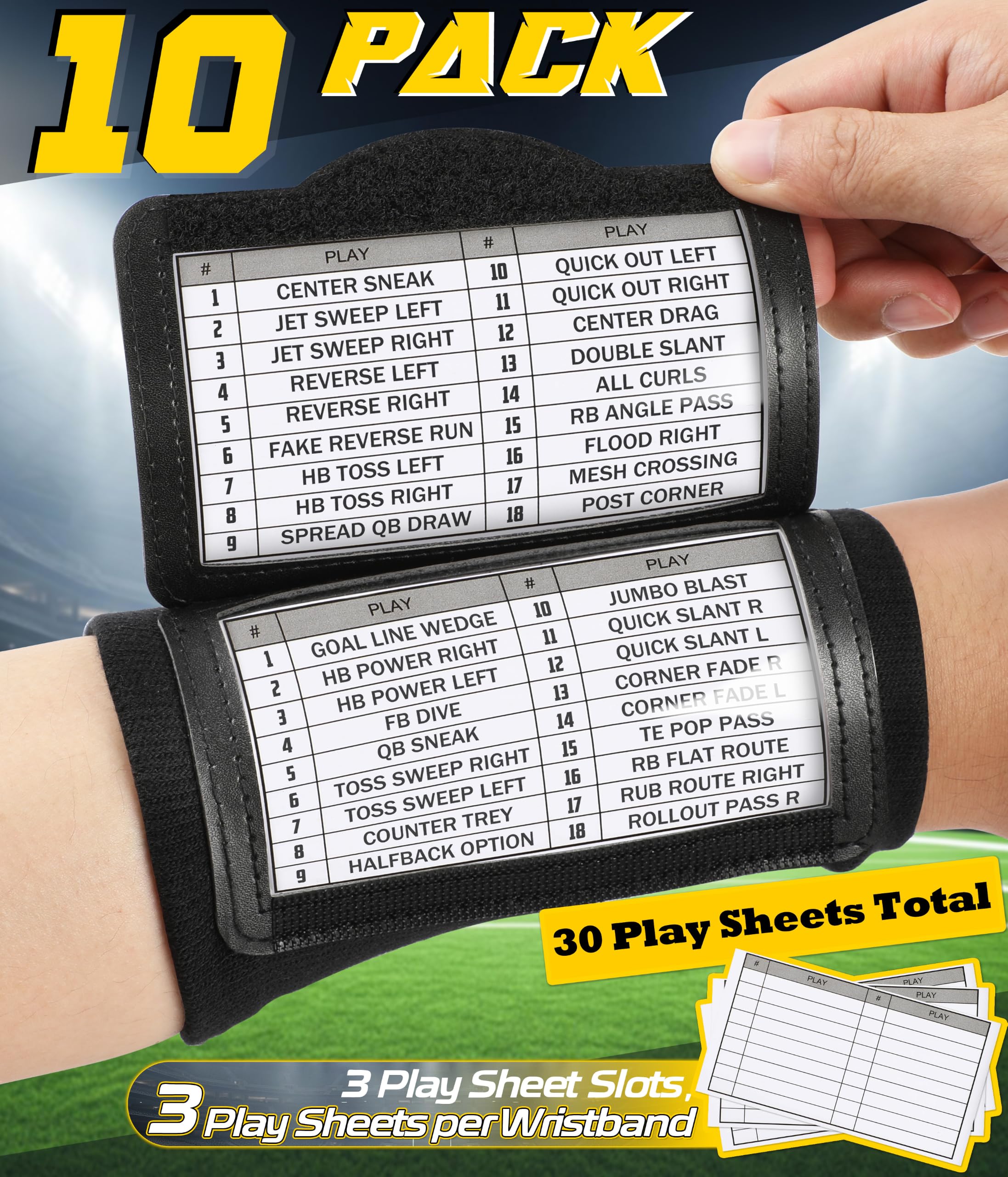 Pulseras de fútbol, pulsera de mariscal de campo de juego de fútbol, pulsera de libro de jugadas juvenil, letreros de béisbol y sóftbol, paquete de 10, 30 hojas de juego