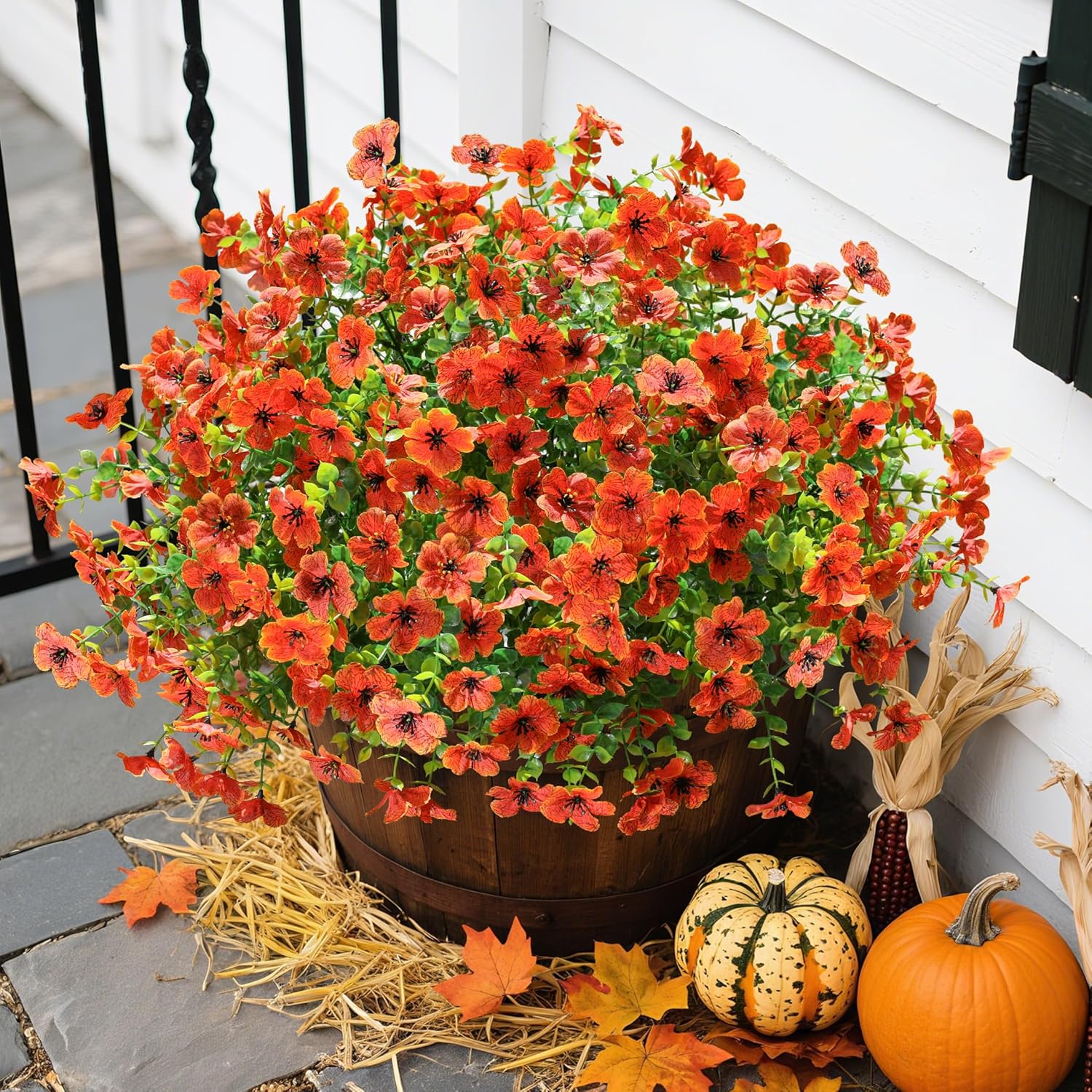 Artificial Fake Fall Mums Flowers Plants for Outdoor Outside Decoration, 12 Bundles Faux Silk Orange Daisy UV Resistant Look Real for Autumn Front Door Porch Planter Patio Garden Home
