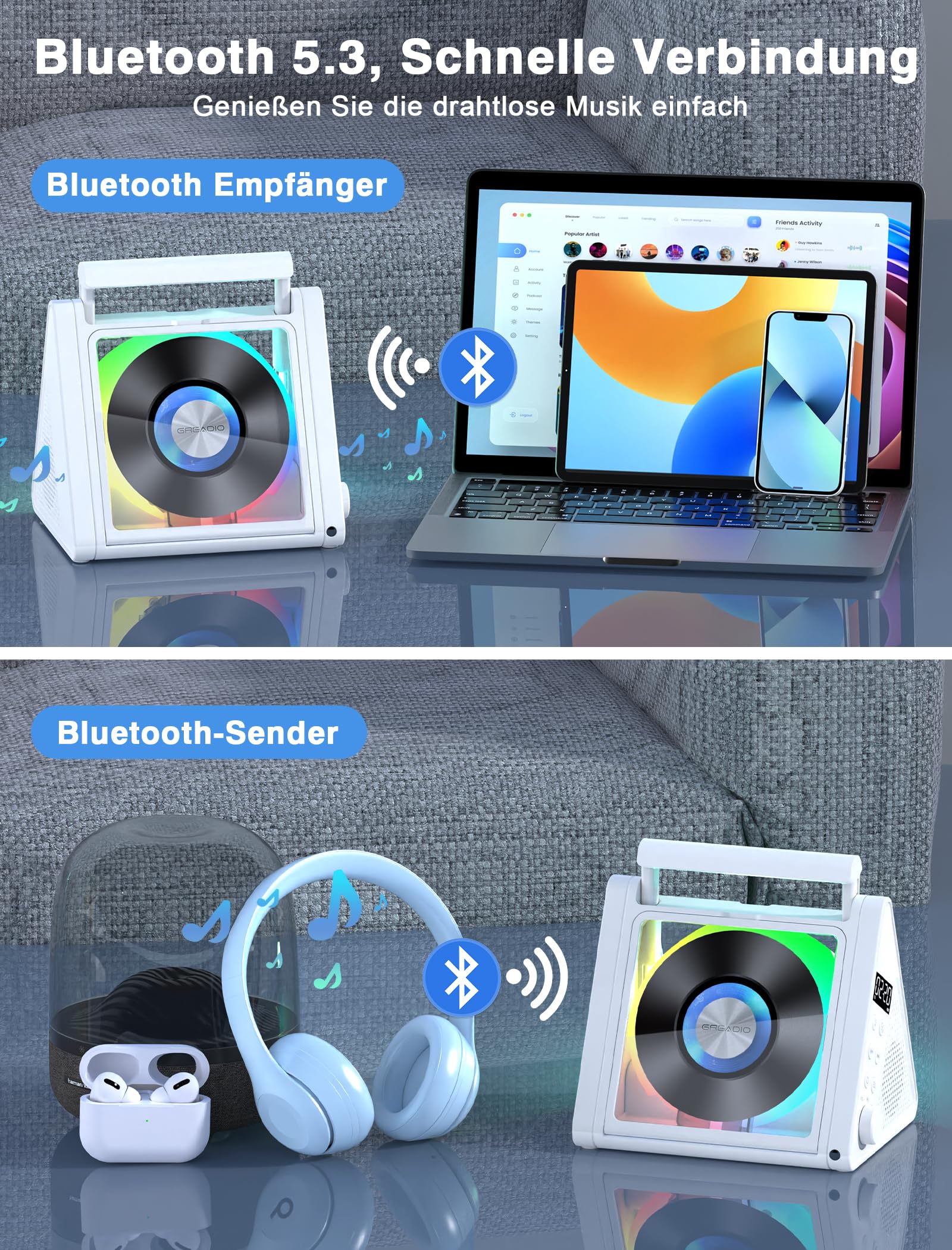 Greadio CD Player Tragbar, 4000mAh Wiederaufladbarer FM Radio mit Stereoanlage und Bluetooth 5.3, USB, AUX, Fernbedienung, 2 * 10W-HiFi-Sound-Lautsprecher, RGB-Farbige Lichter MP3 CD Player Kinder